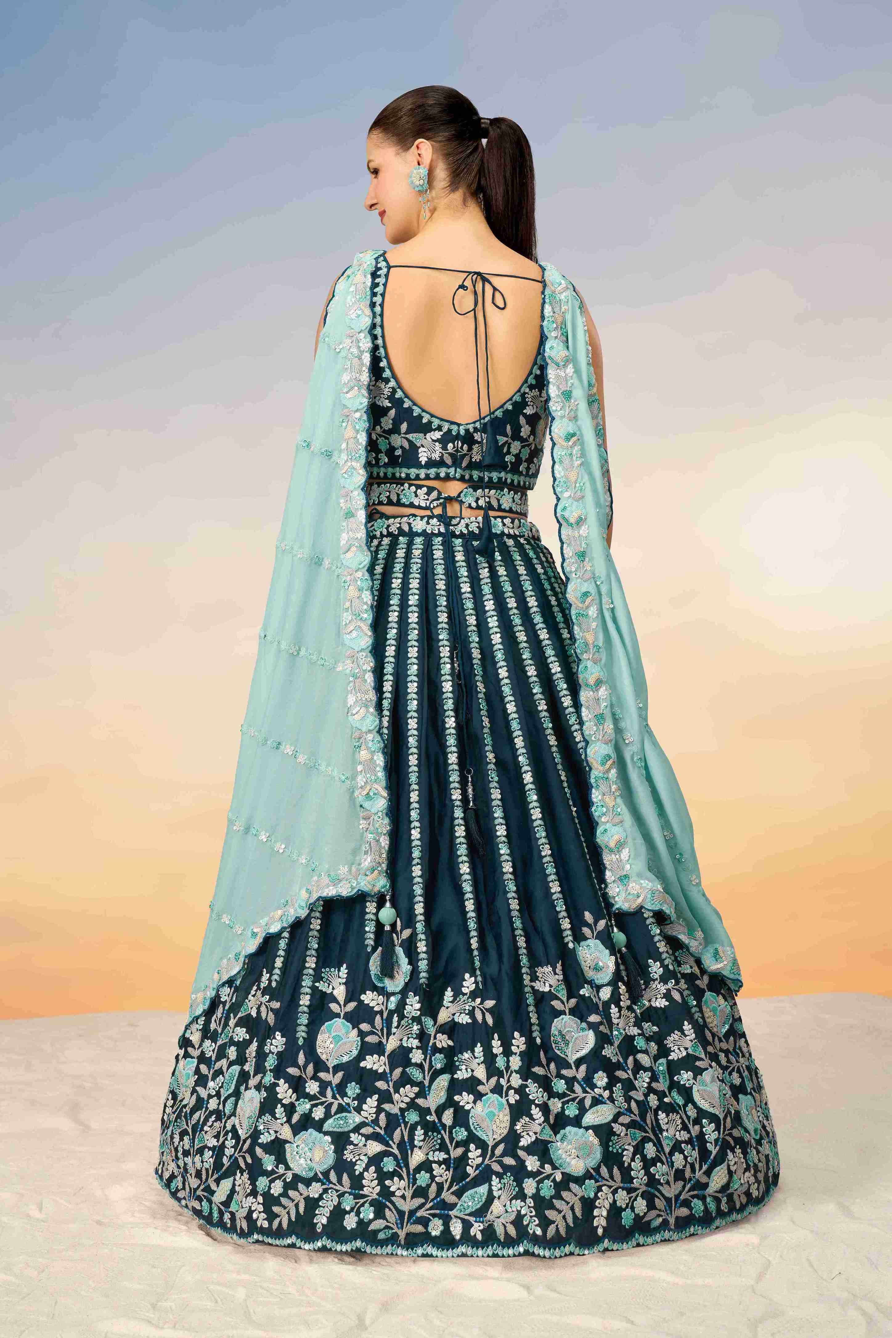 Teal Blue Satin Sequins Embroidered Lehenga Choli