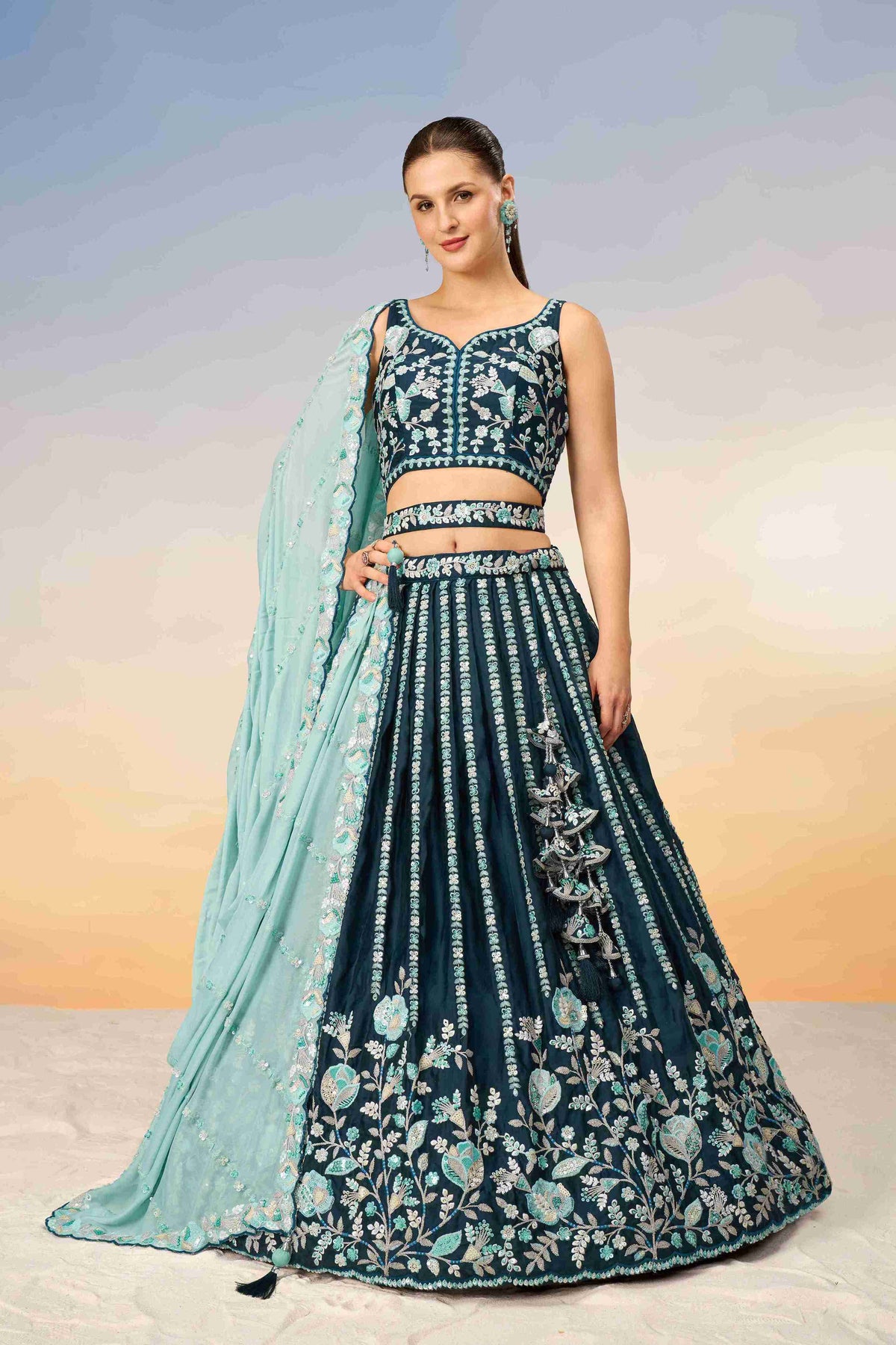 Teal Blue Satin Sequins Embroidered Lehenga Choli