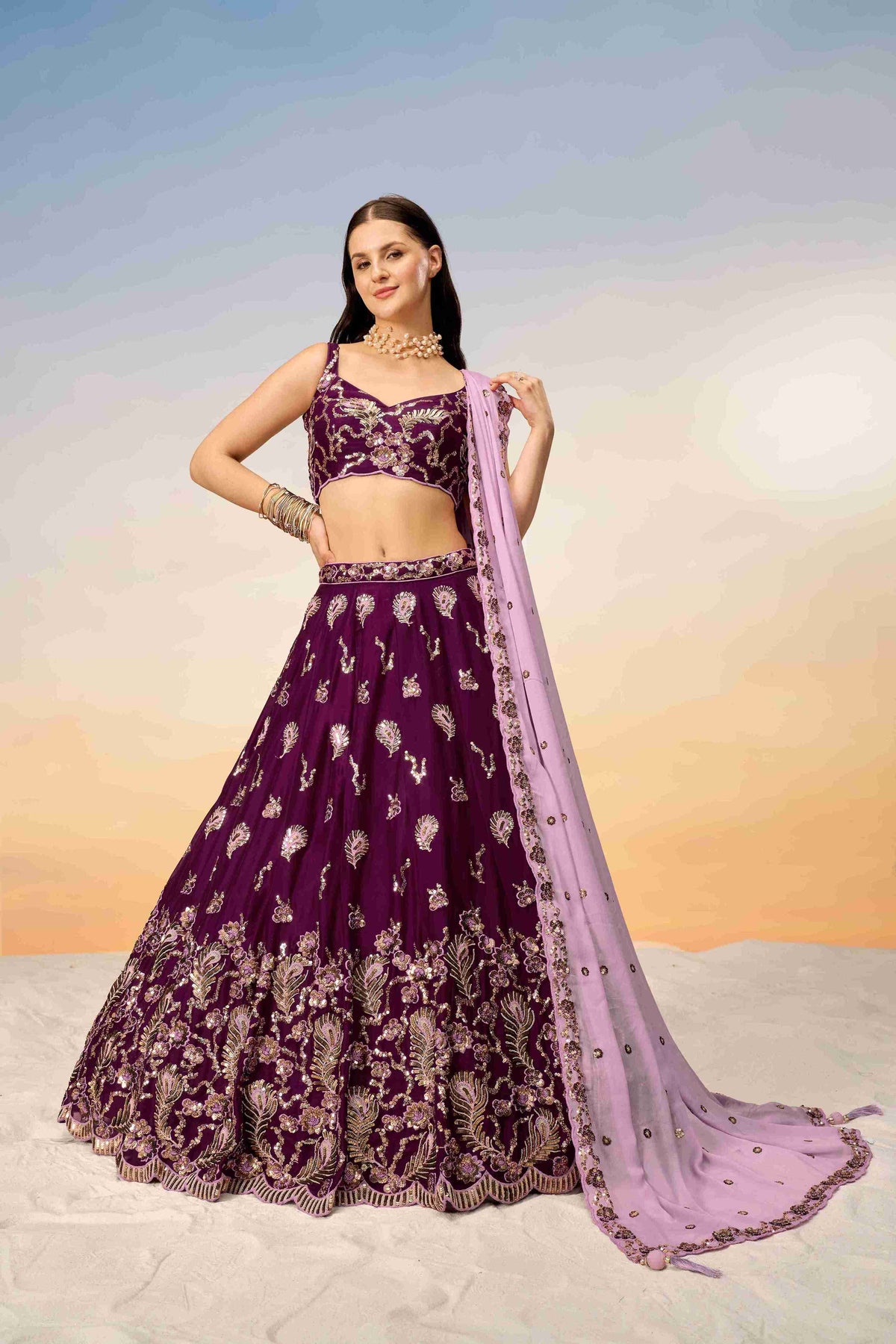 Burgundy Georgette Sequins Embroidered Lehenga Choli