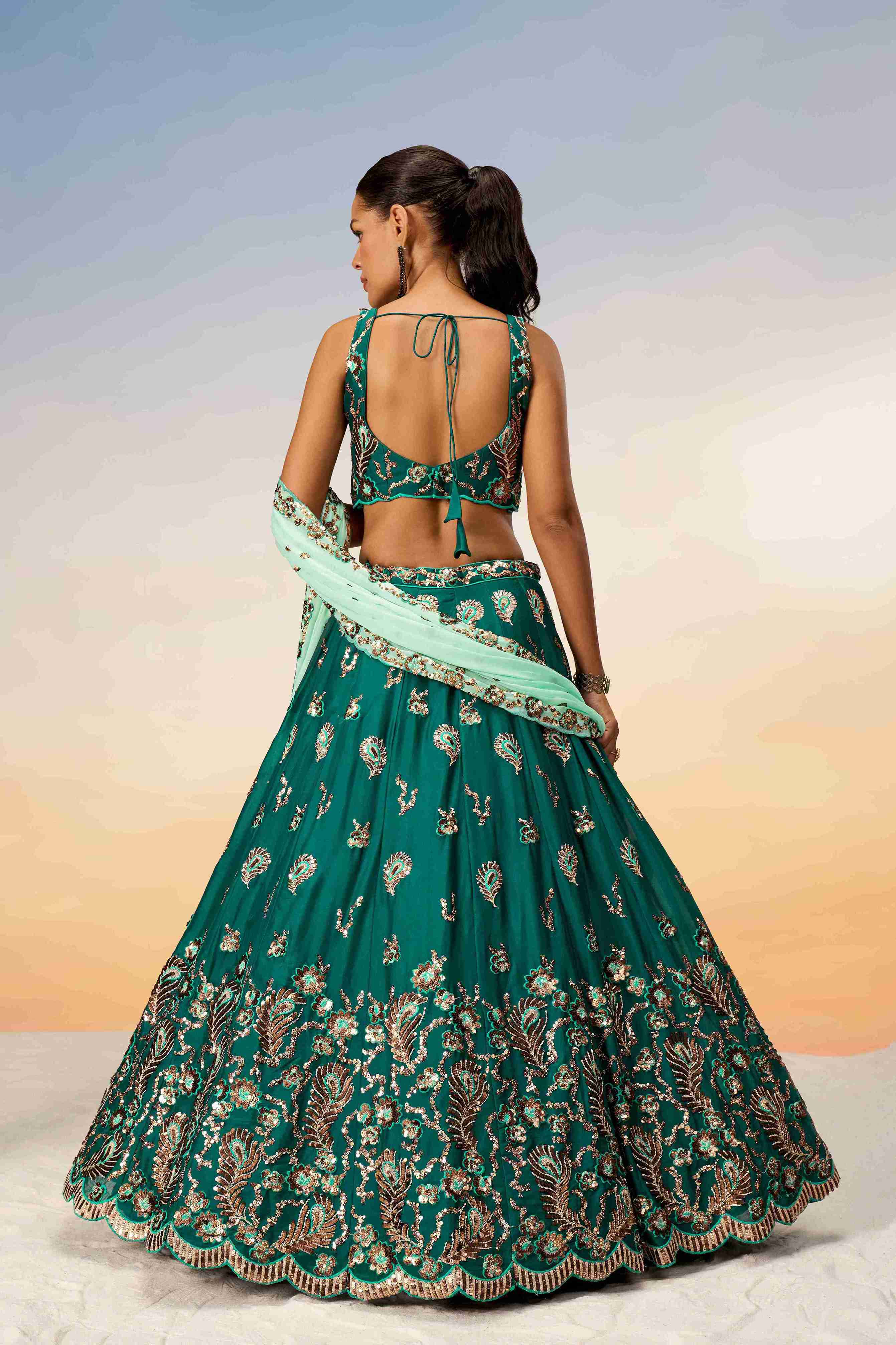 Green Georgette Sequins Embroidered Lehenga Choli