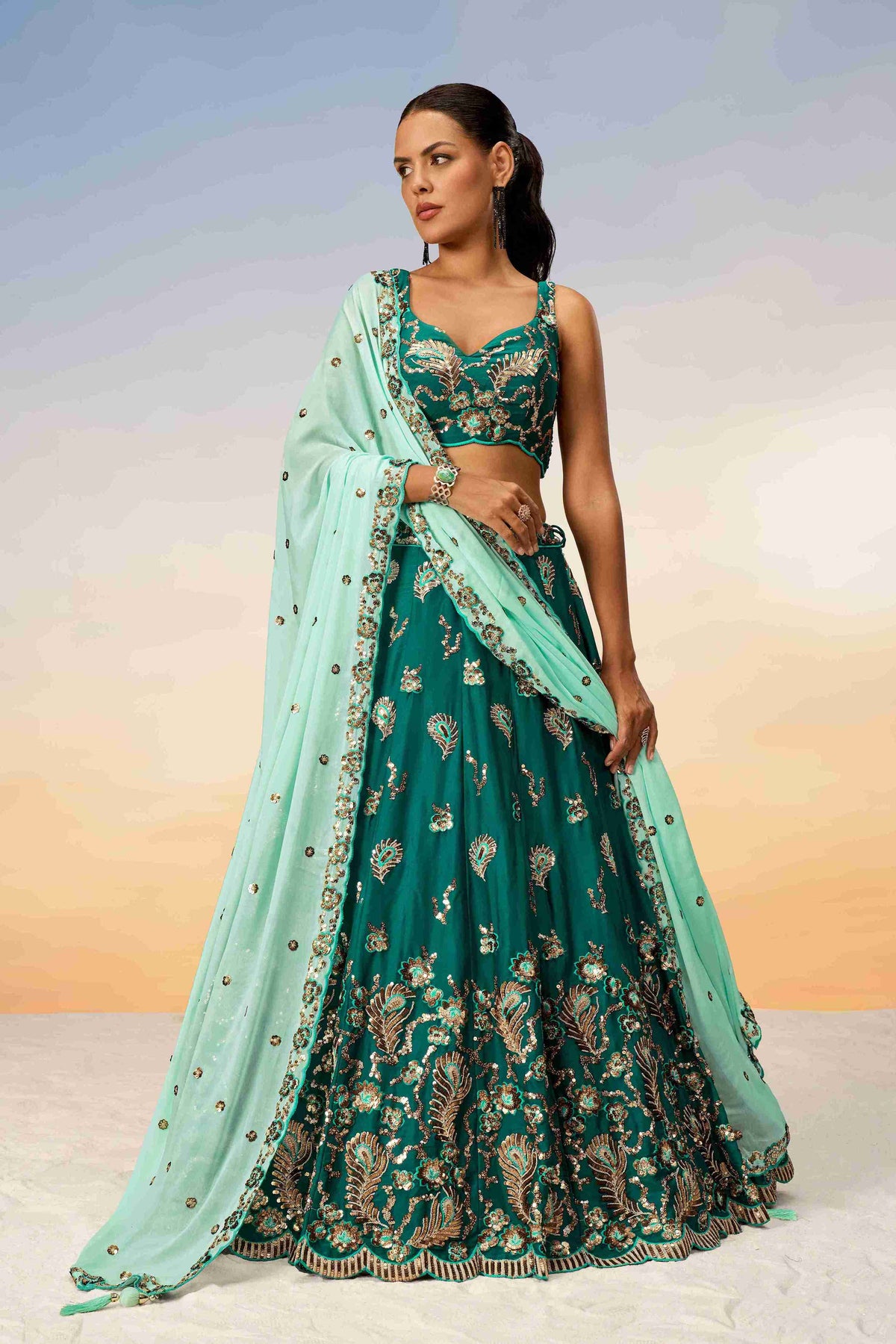 Green Georgette Sequins Embroidered Lehenga Choli