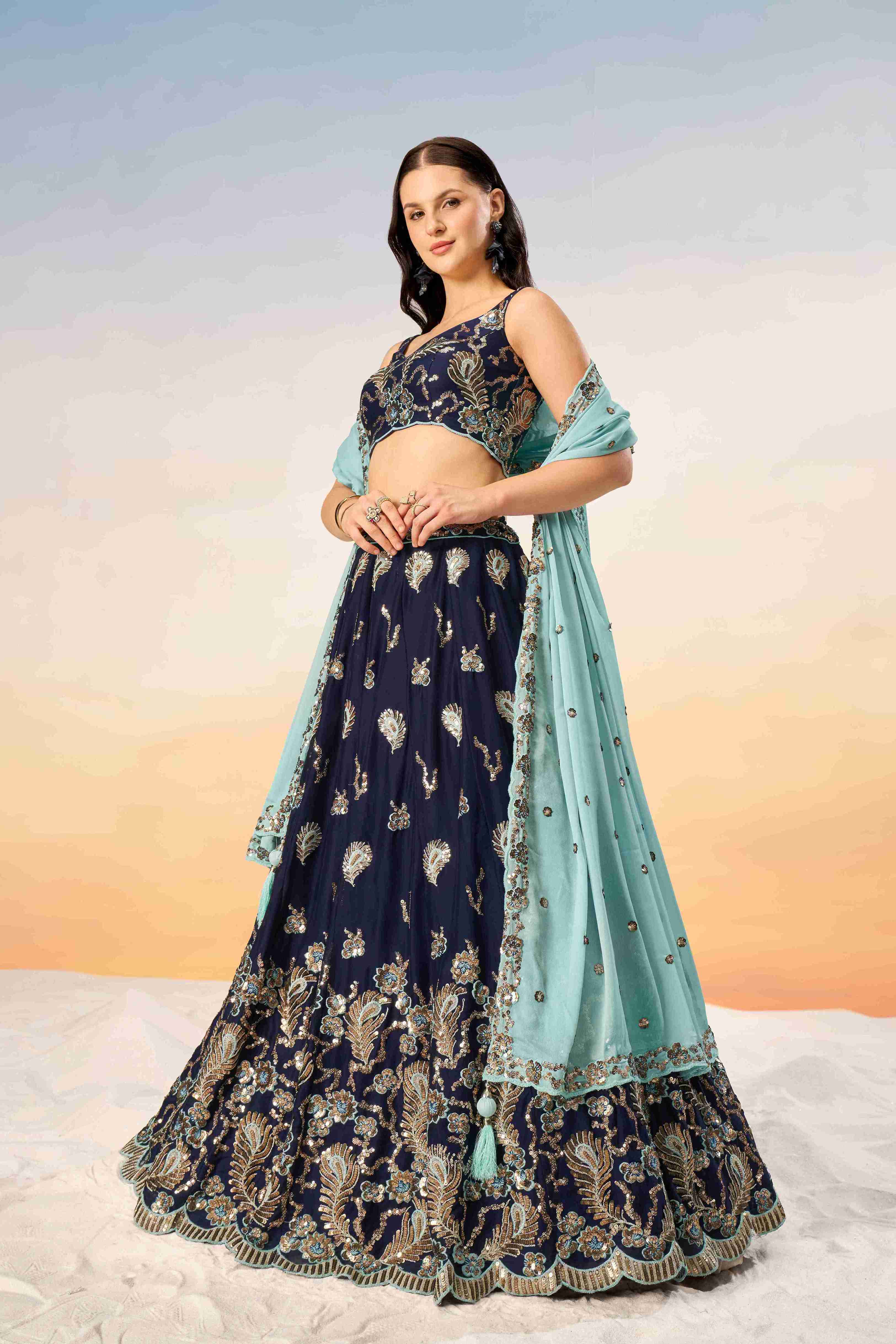 Navy Blue Georgette Sequins Embroidered Lehenga Choli