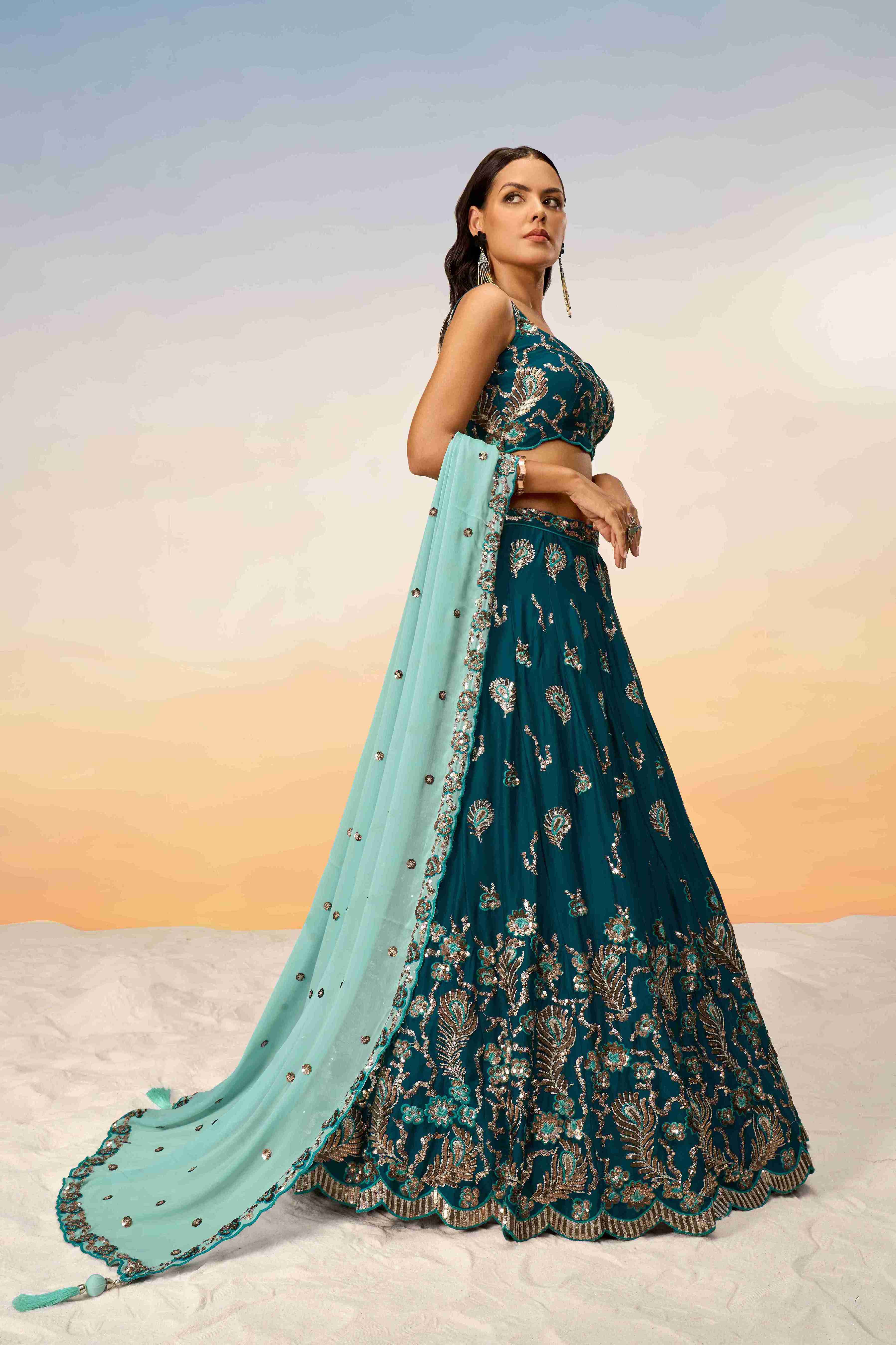 Teal Georgette Sequins Embroidered Lehenga Choli