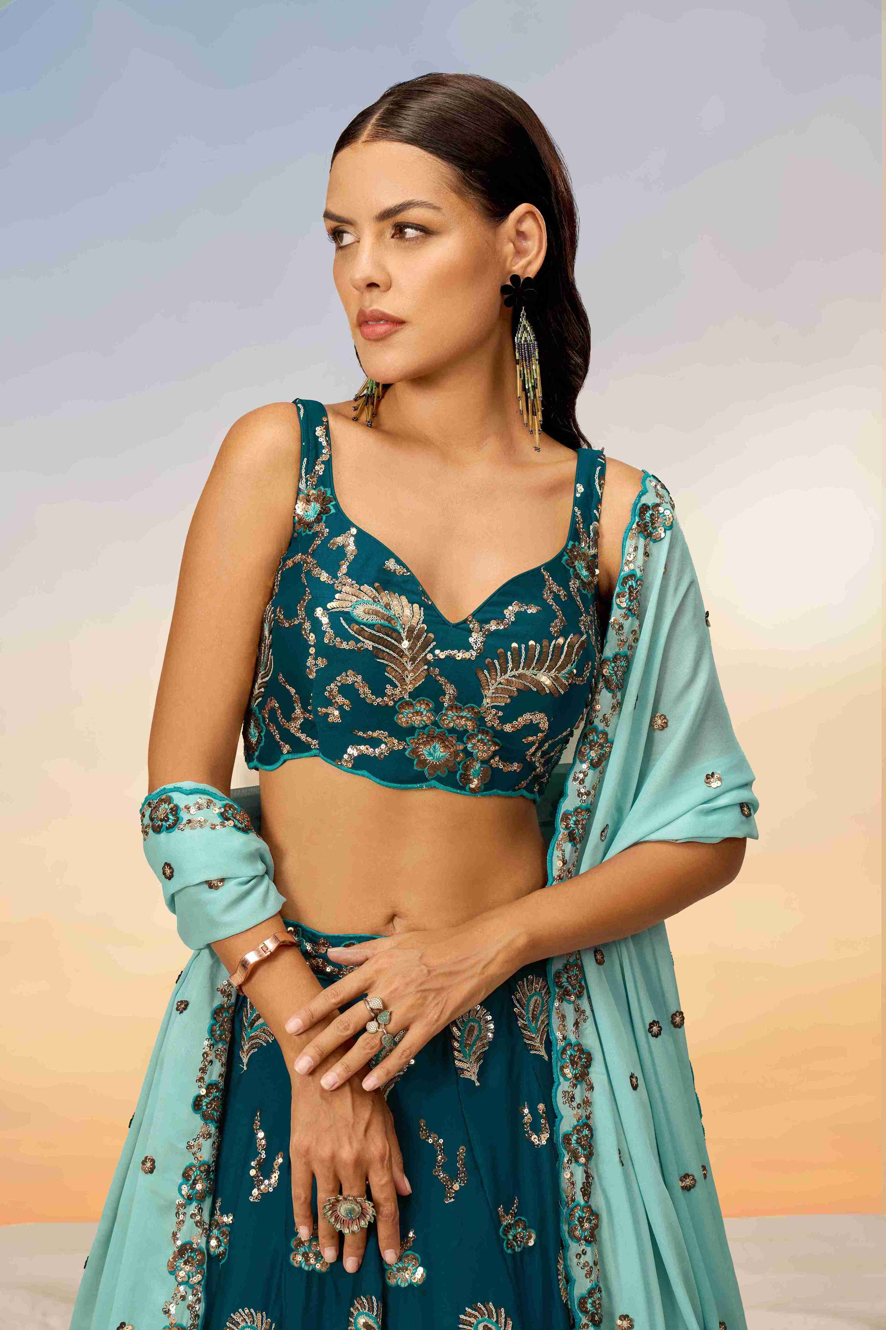 Teal Georgette Sequins Embroidered Lehenga Choli