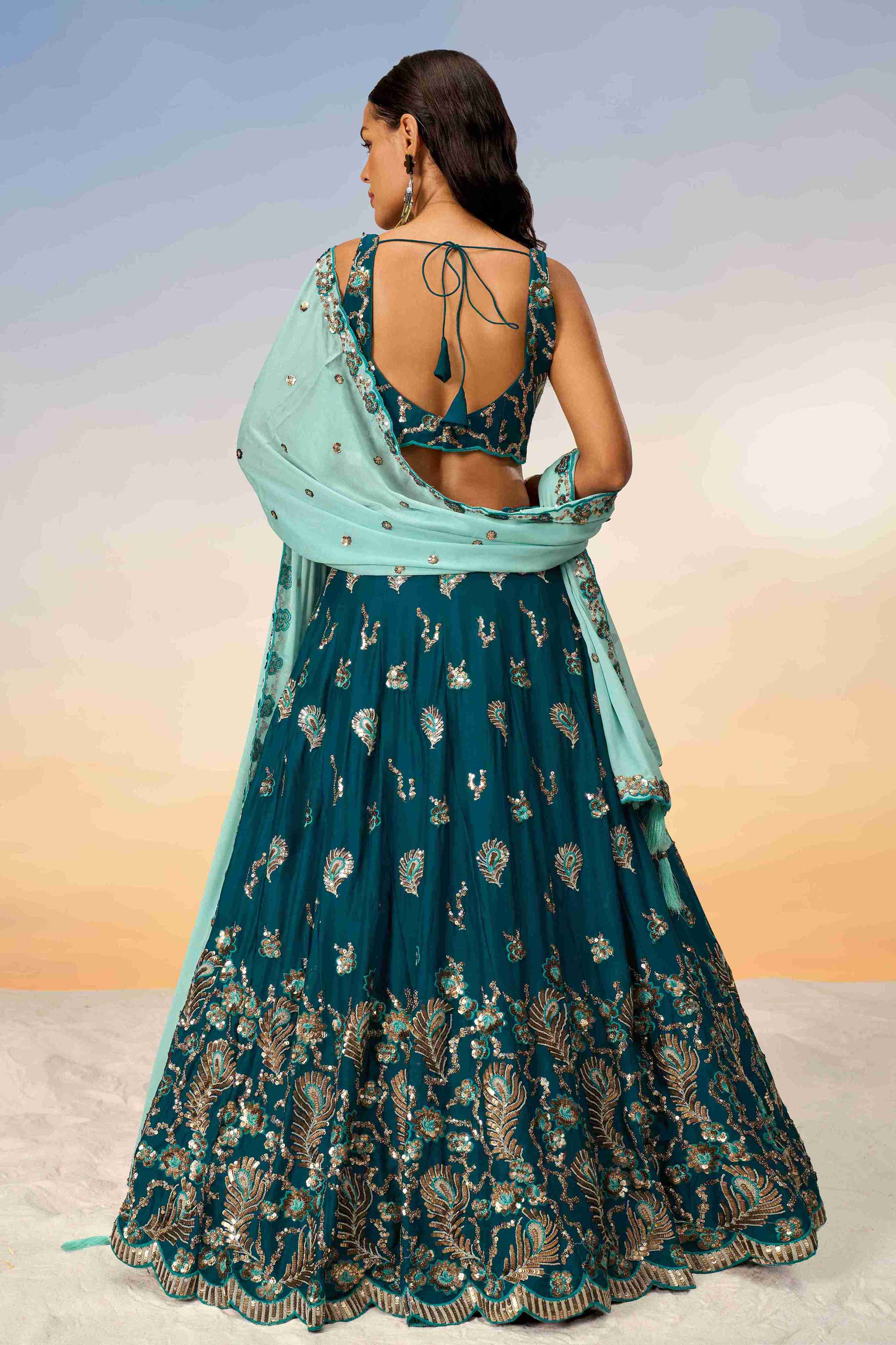 Teal Georgette Sequins Embroidered Lehenga Choli