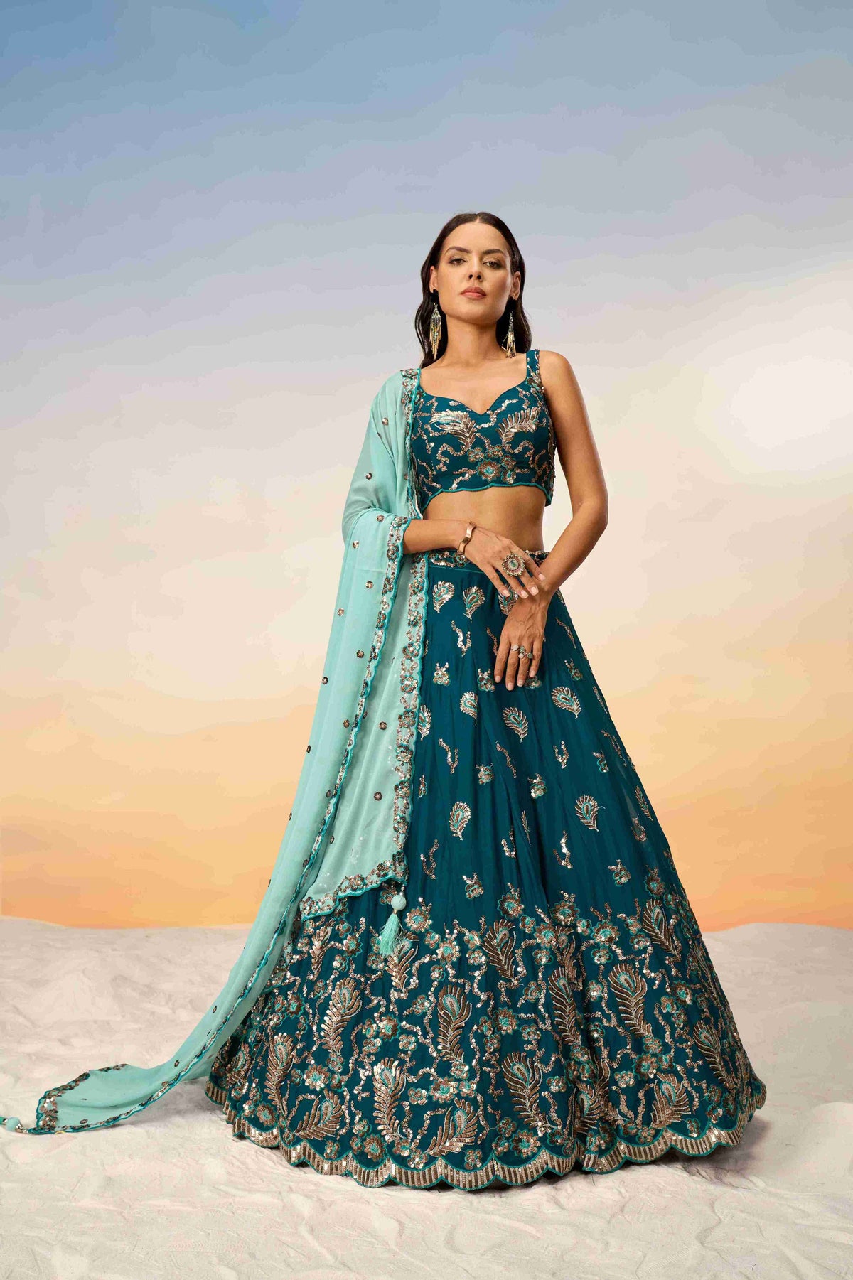 Teal Georgette Sequins Embroidered Lehenga Choli