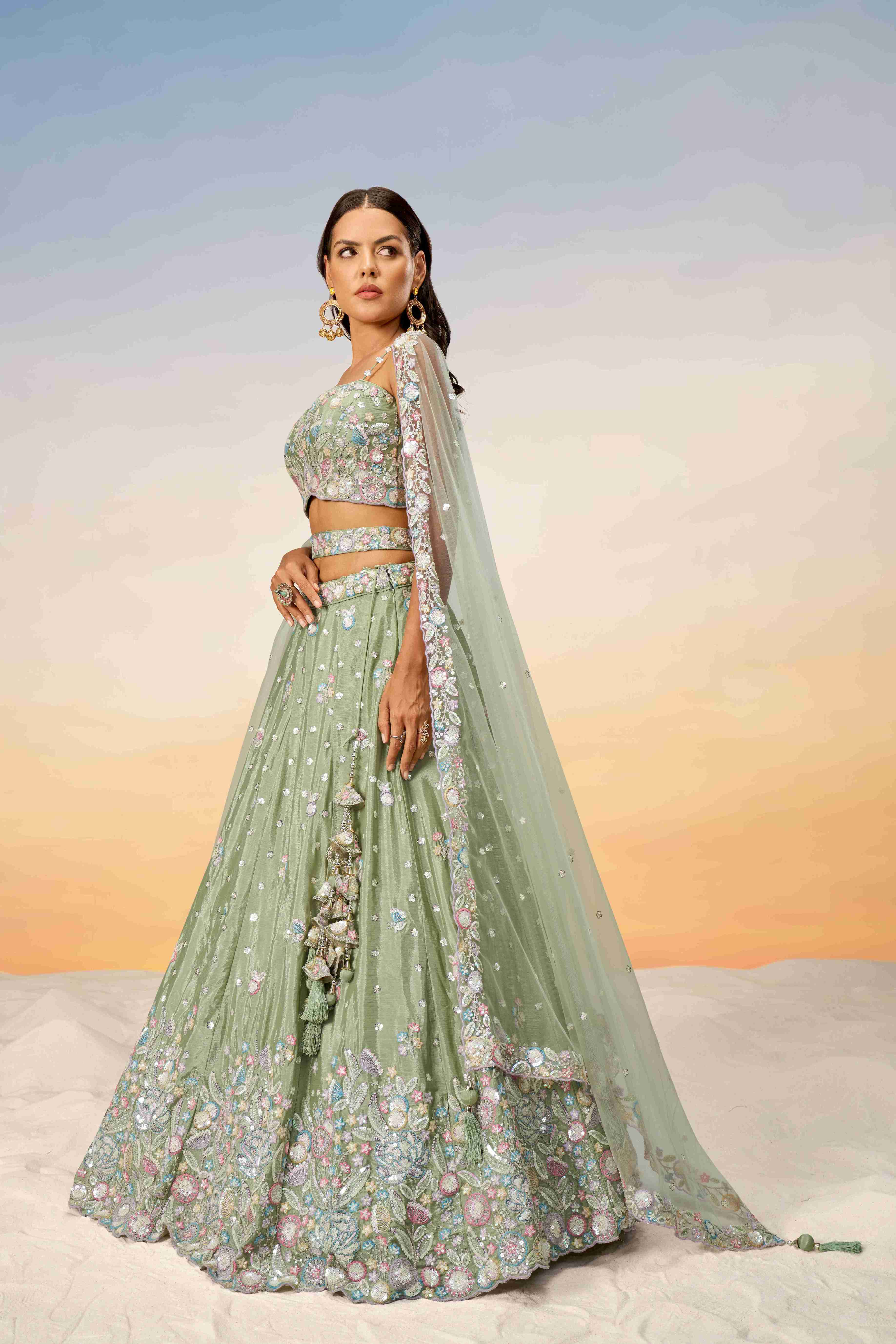 Pista Chiffon Sequins Embroidered Lehenga Choli