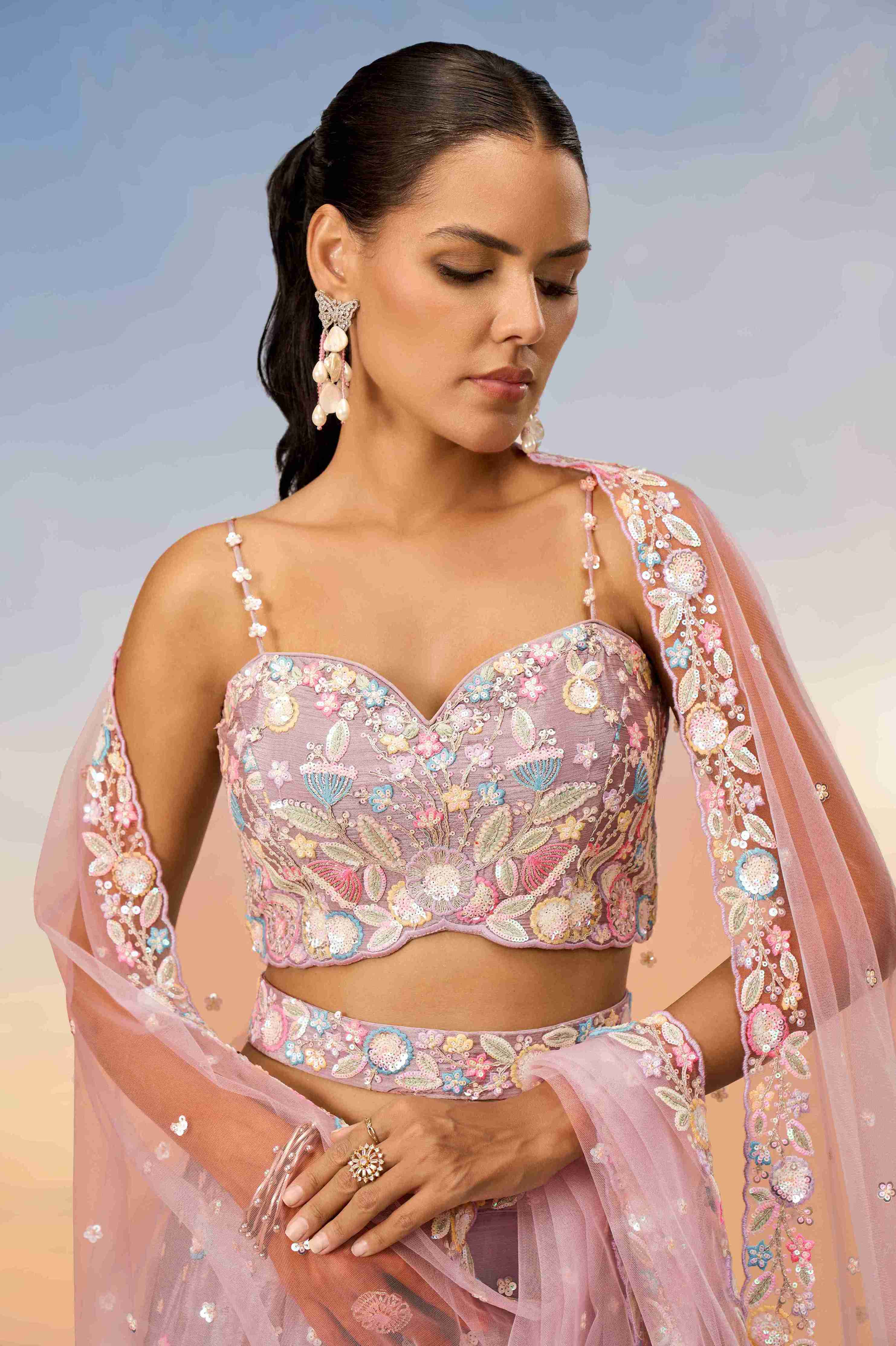 Rose Gold Chiffon Sequins Embroidered Lehenga Choli