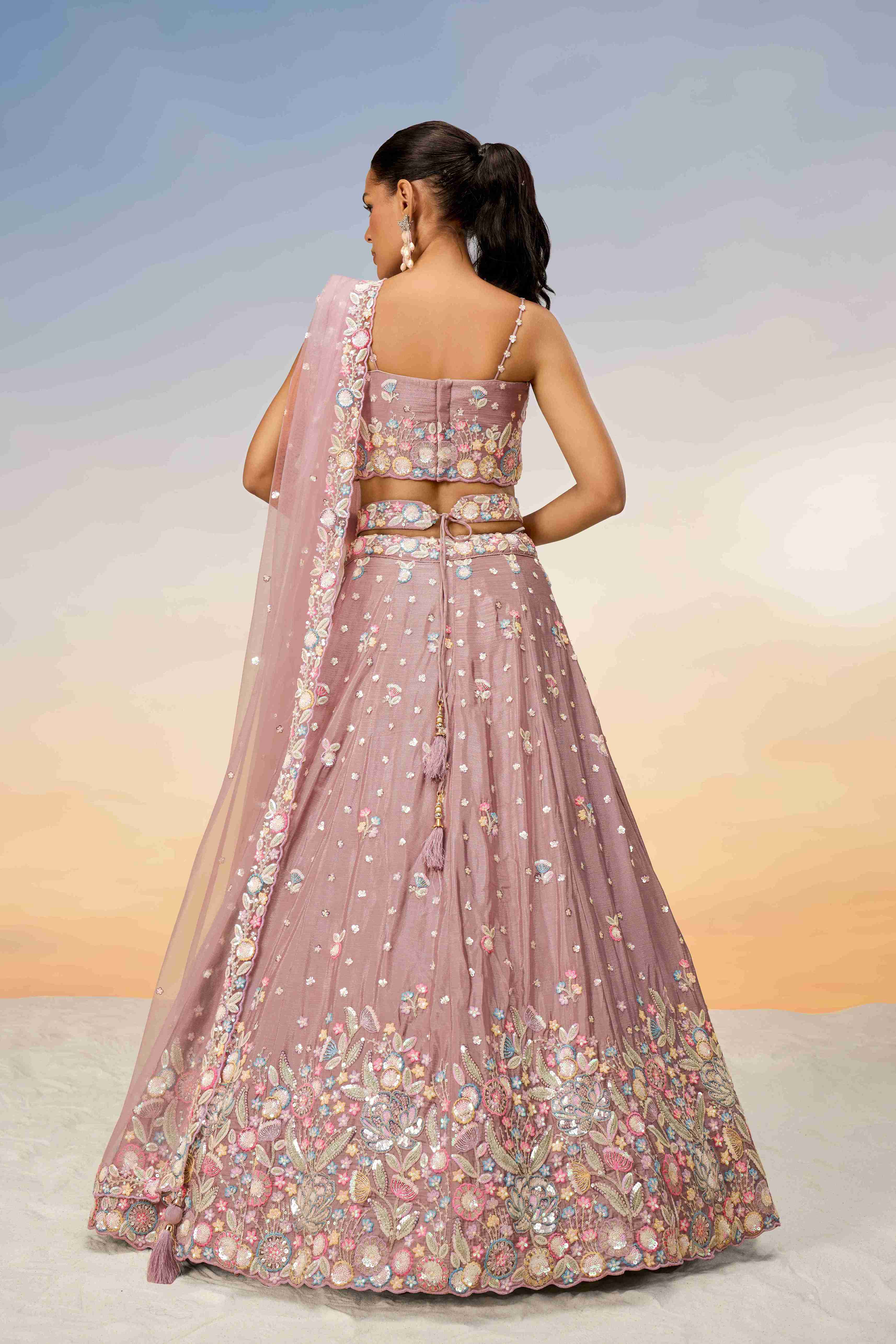 Rose Gold Chiffon Sequins Embroidered Lehenga Choli