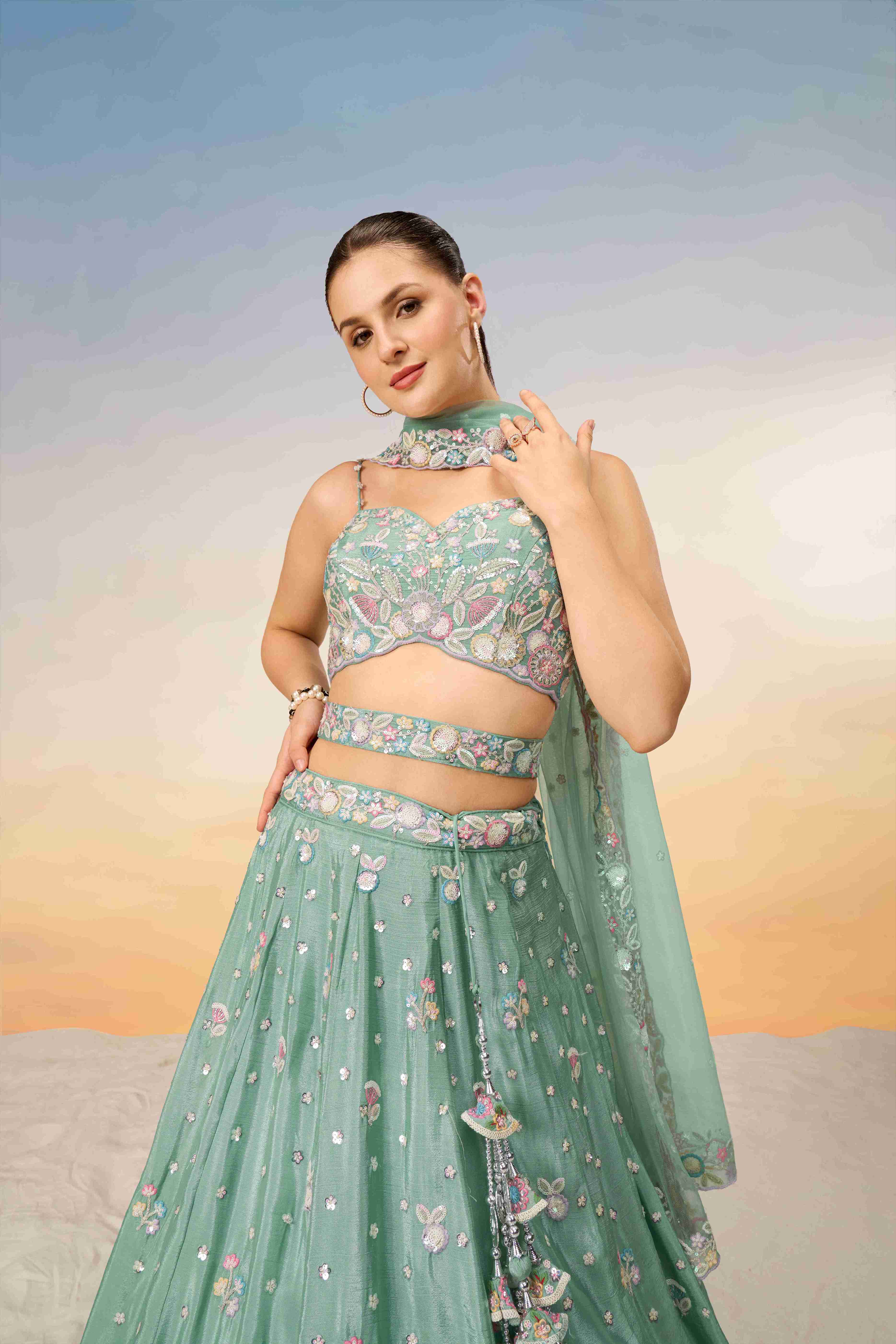 Sea Green Chiffon Sequins Embroidered Lehenga Choli