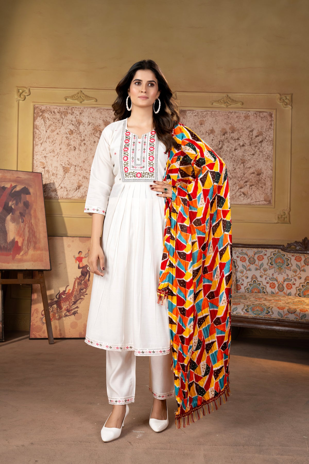 White Viscose Chanderi Embroidered Salwar Suit With Pant Dupatta