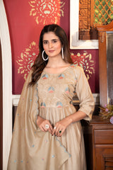 Beige Colored Viscose Chanderi Embroidered Salwar Suit With Pant Dupatta