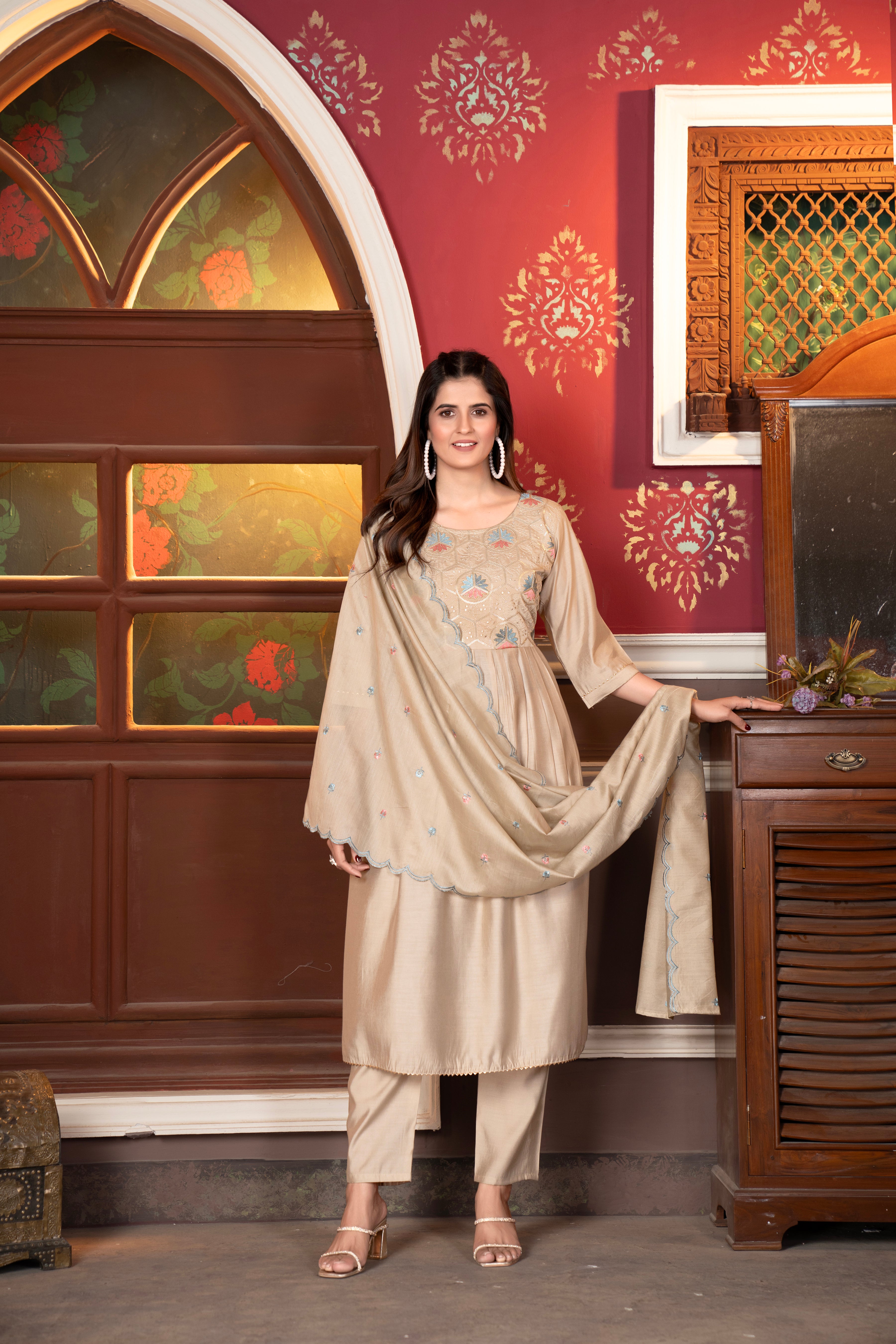 Beige Colored Viscose Chanderi Embroidered Salwar Suit With Pant Dupatta