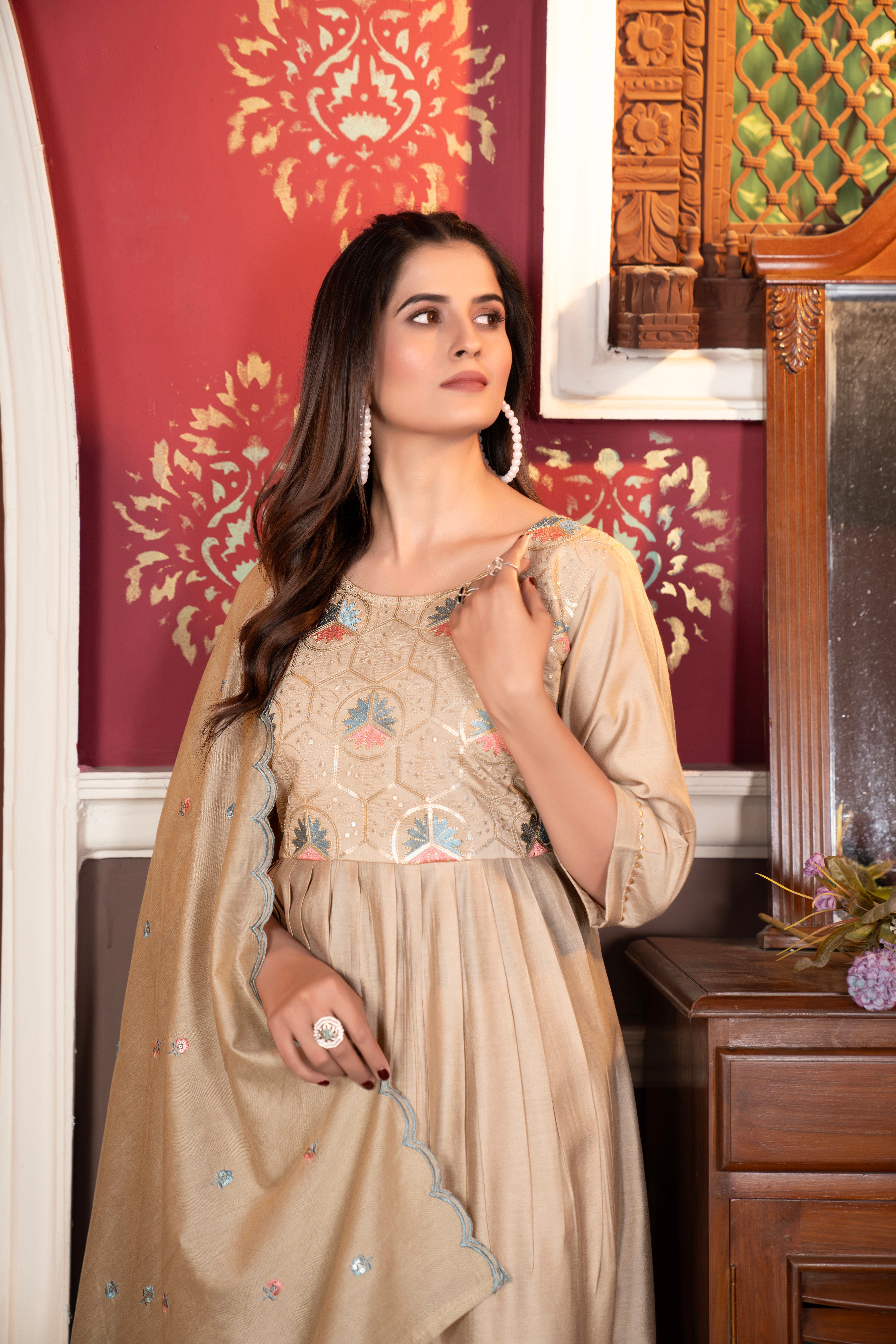 Beige Colored Viscose Chanderi Embroidered Salwar Suit With Pant Dupatta