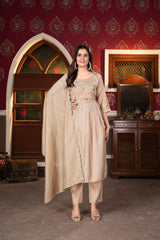 Beige Colored Viscose Chanderi Embroidered Salwar Suit With Pant Dupatta