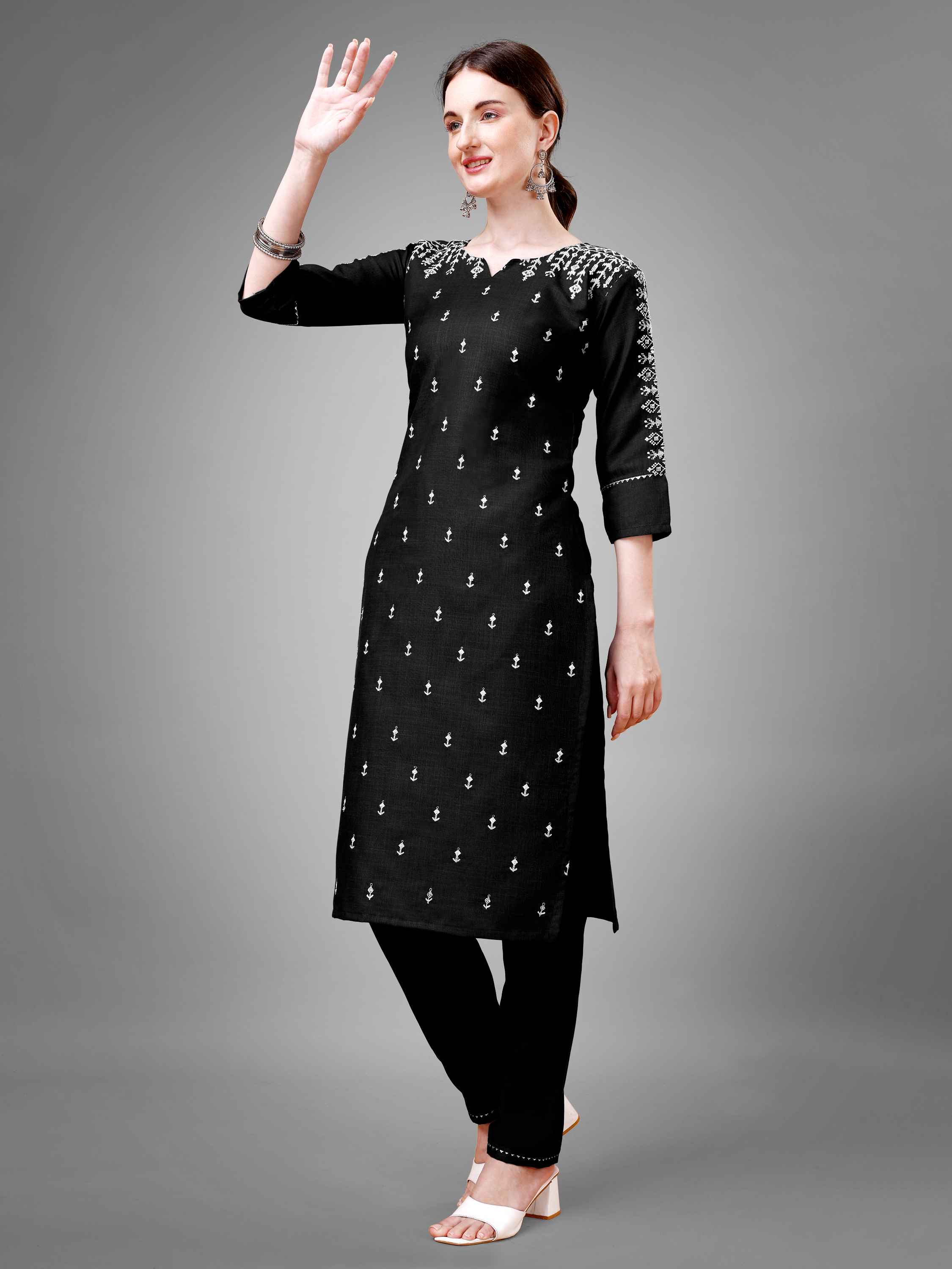 Black Colored Cotton Blend Embroidered Kurti With Pant