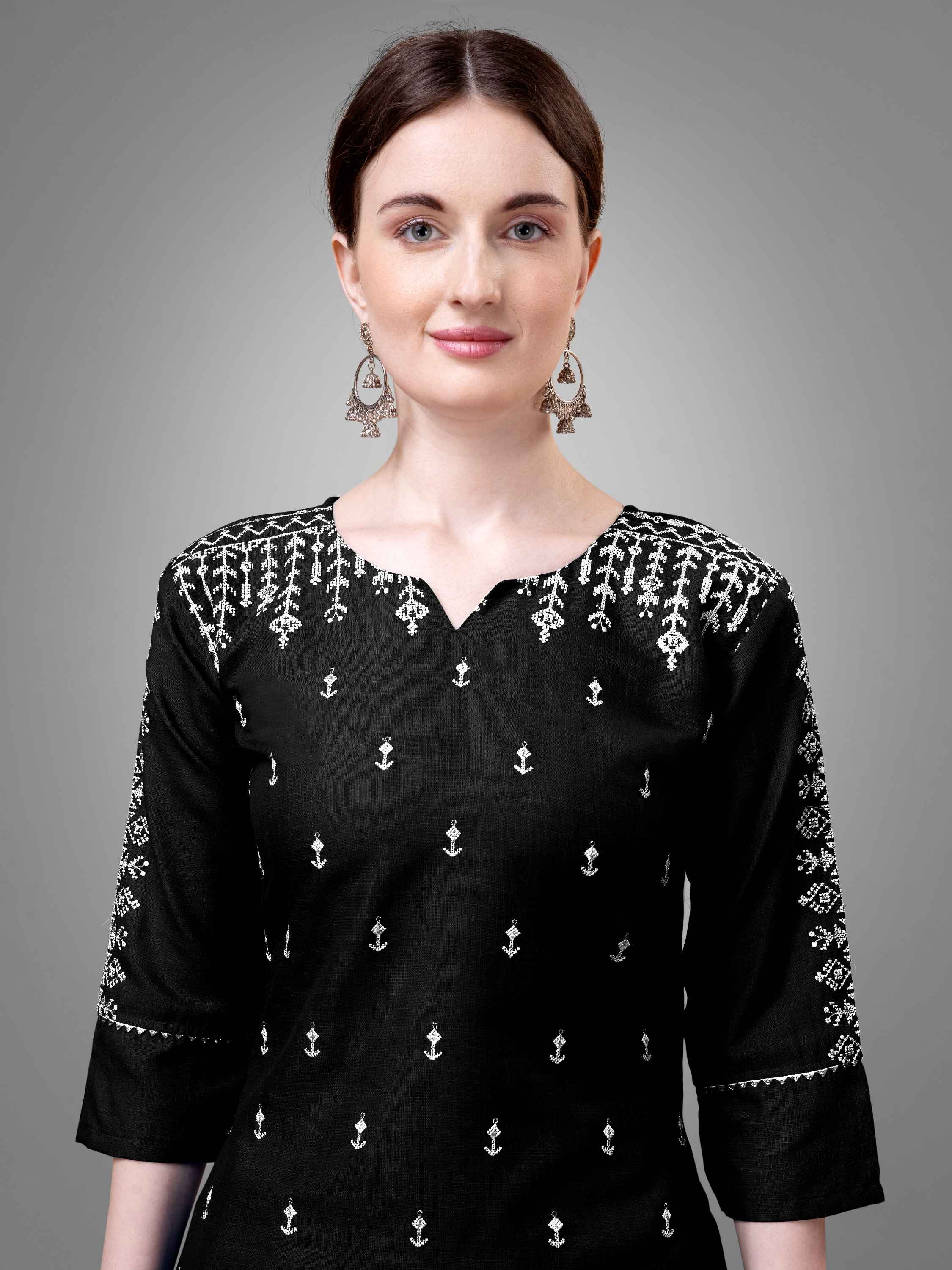 Black Colored Cotton Blend Embroidered Kurti With Pant