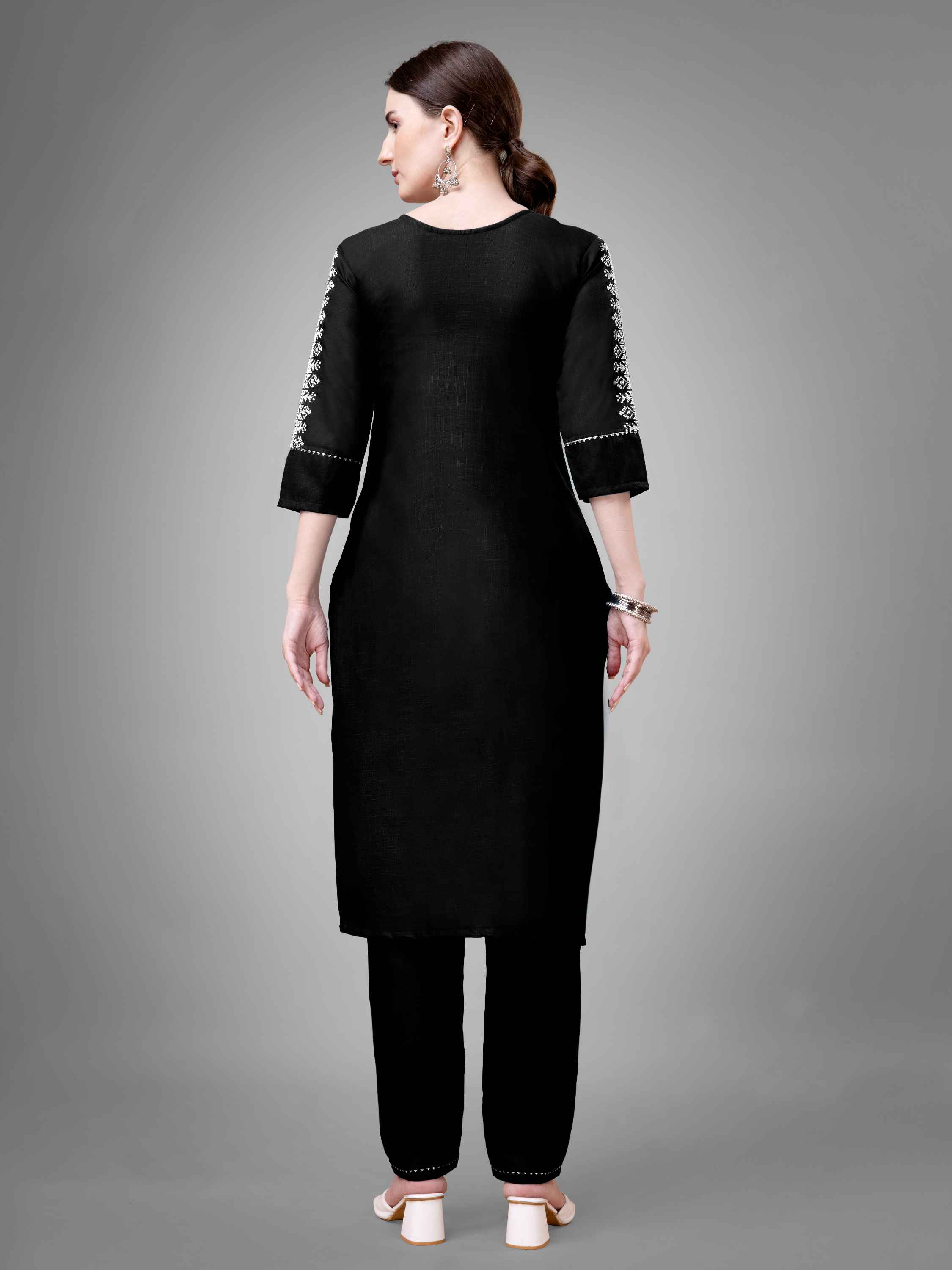 Black Colored Cotton Blend Embroidered Kurti With Pant