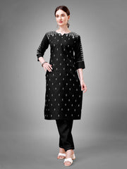 Black Colored Cotton Blend Embroidered Kurti With Pant