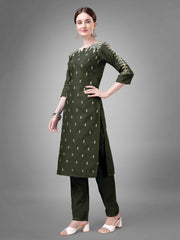 Green Colored Cotton Blend Embroidered Kurti With Pant