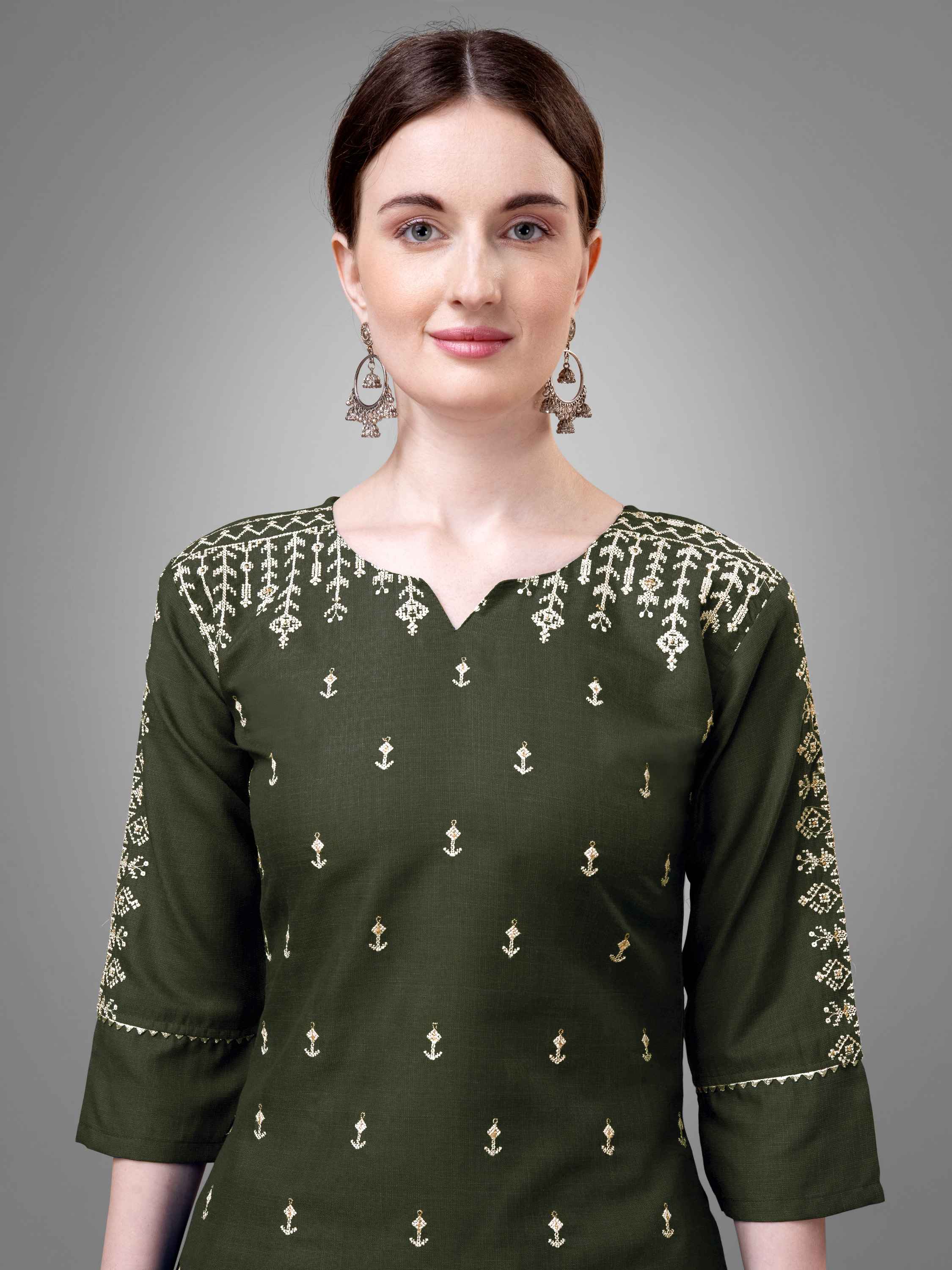 Green Colored Cotton Blend Embroidered Kurti With Pant