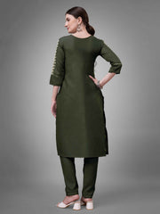 Green Colored Cotton Blend Embroidered Kurti With Pant