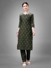 Green Colored Cotton Blend Embroidered Kurti With Pant