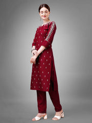 Maroon Colored Cotton Blend Embroidered Kurti With Pant