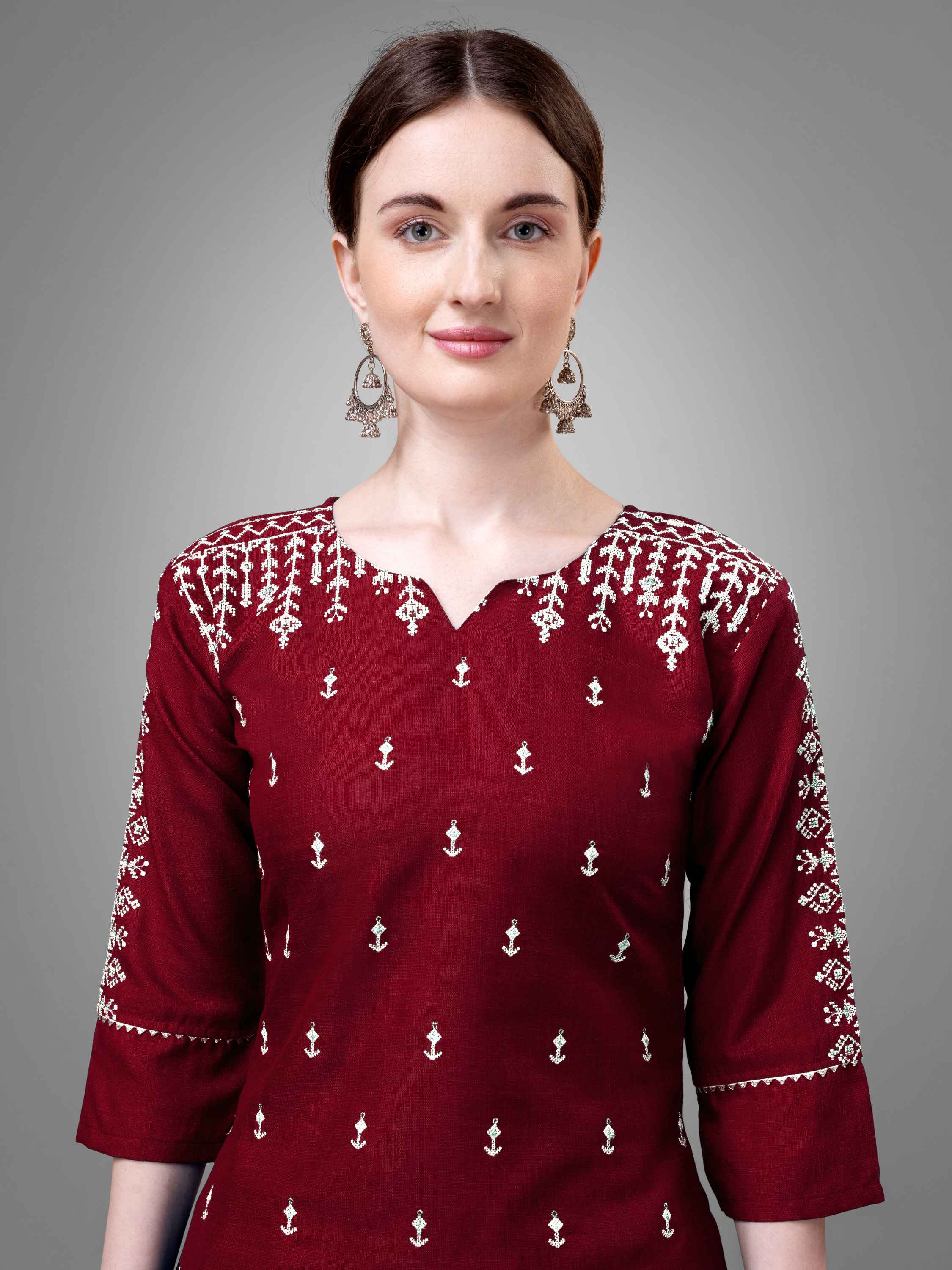 Maroon Colored Cotton Blend Embroidered Kurti With Pant