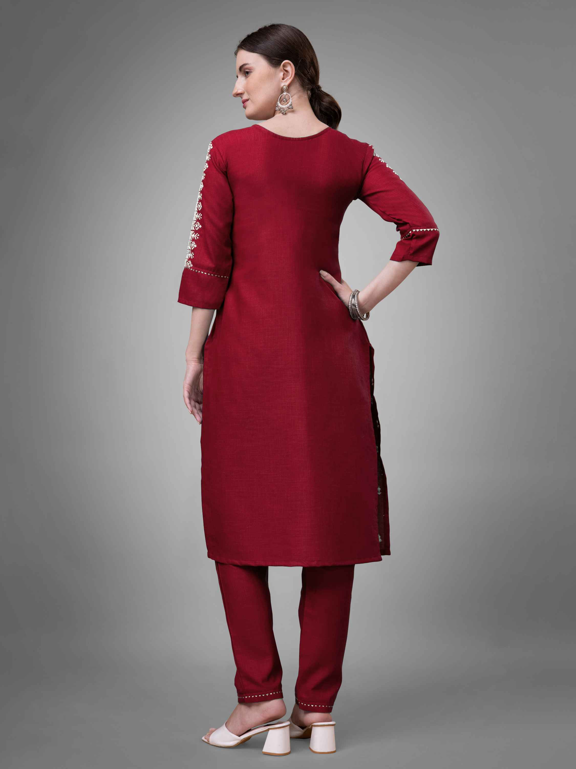 Maroon Colored Cotton Blend Embroidered Kurti With Pant