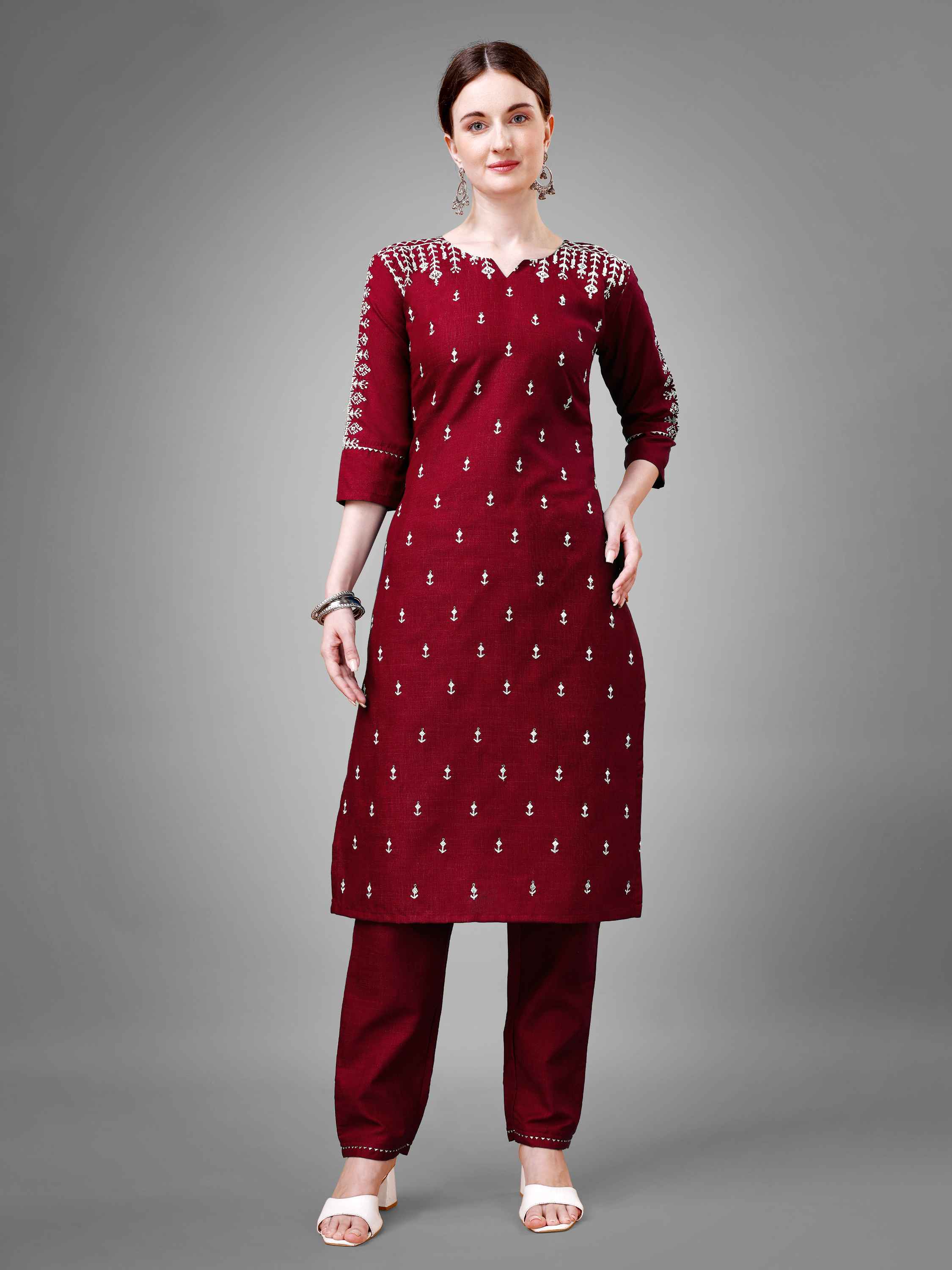 Maroon Colored Cotton Blend Embroidered Kurti With Pant