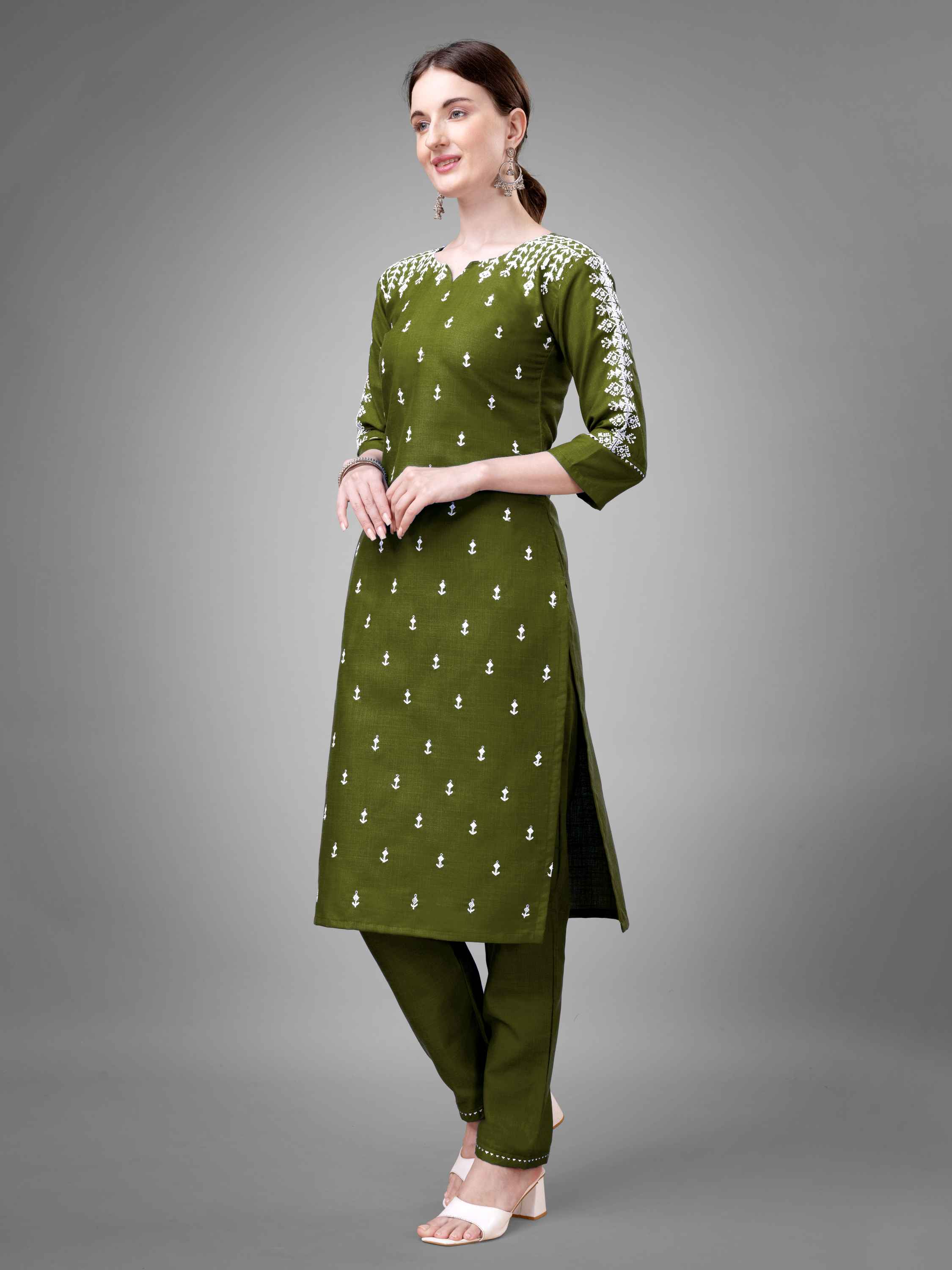 Olive Green Colored Cotton Blend Embroidered Kurti With Pant