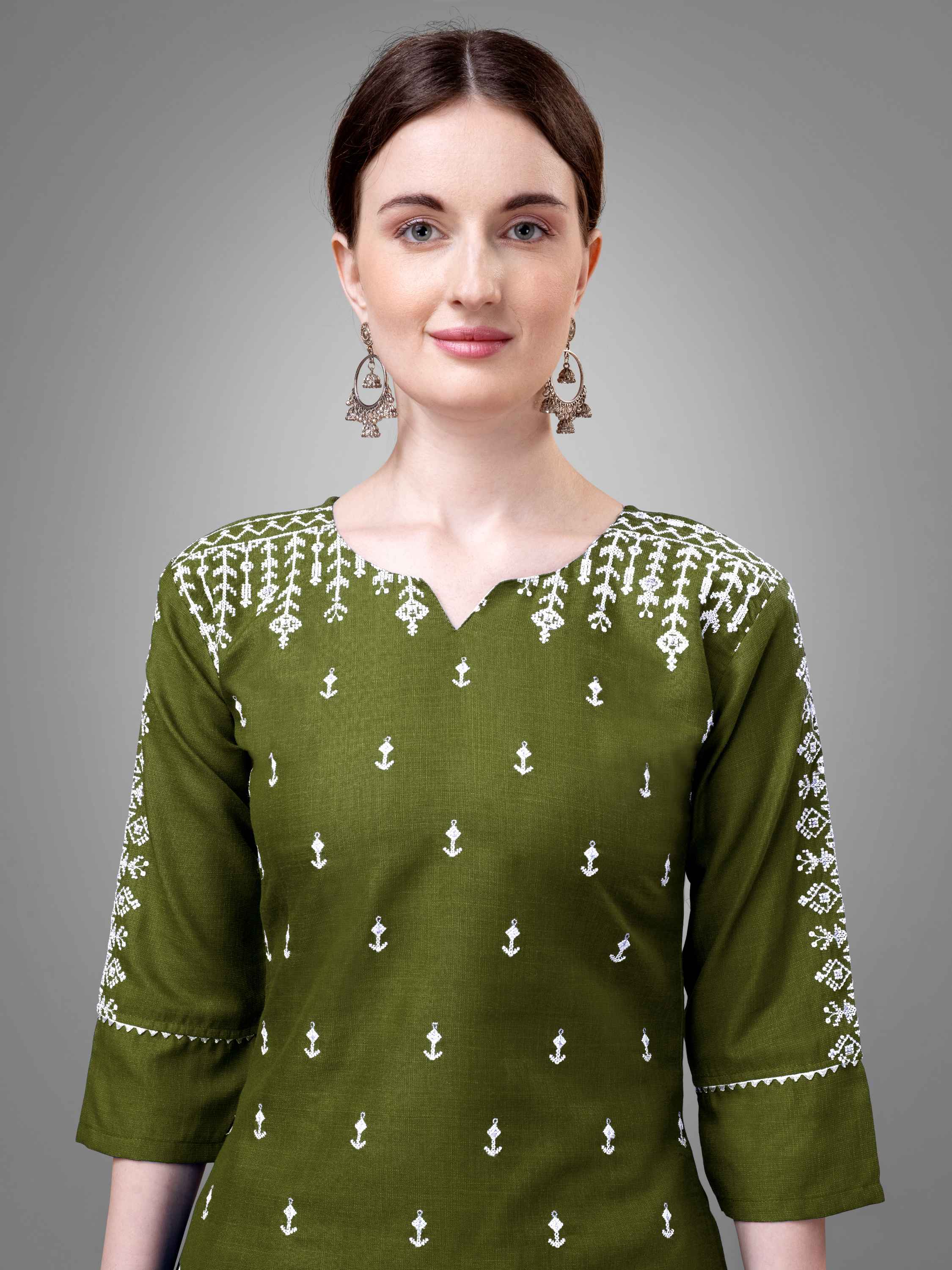 Olive Green Colored Cotton Blend Embroidered Kurti With Pant