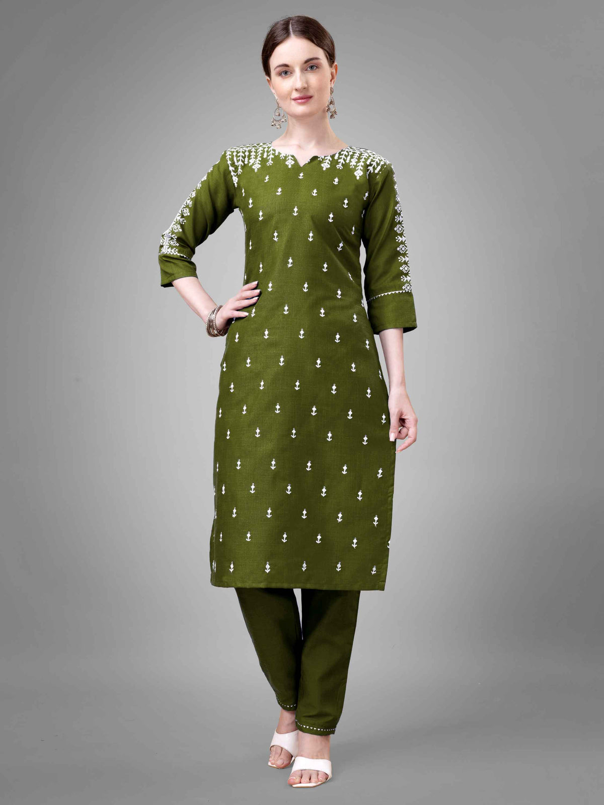 Olive Green Colored Cotton Blend Embroidered Kurti With Pant