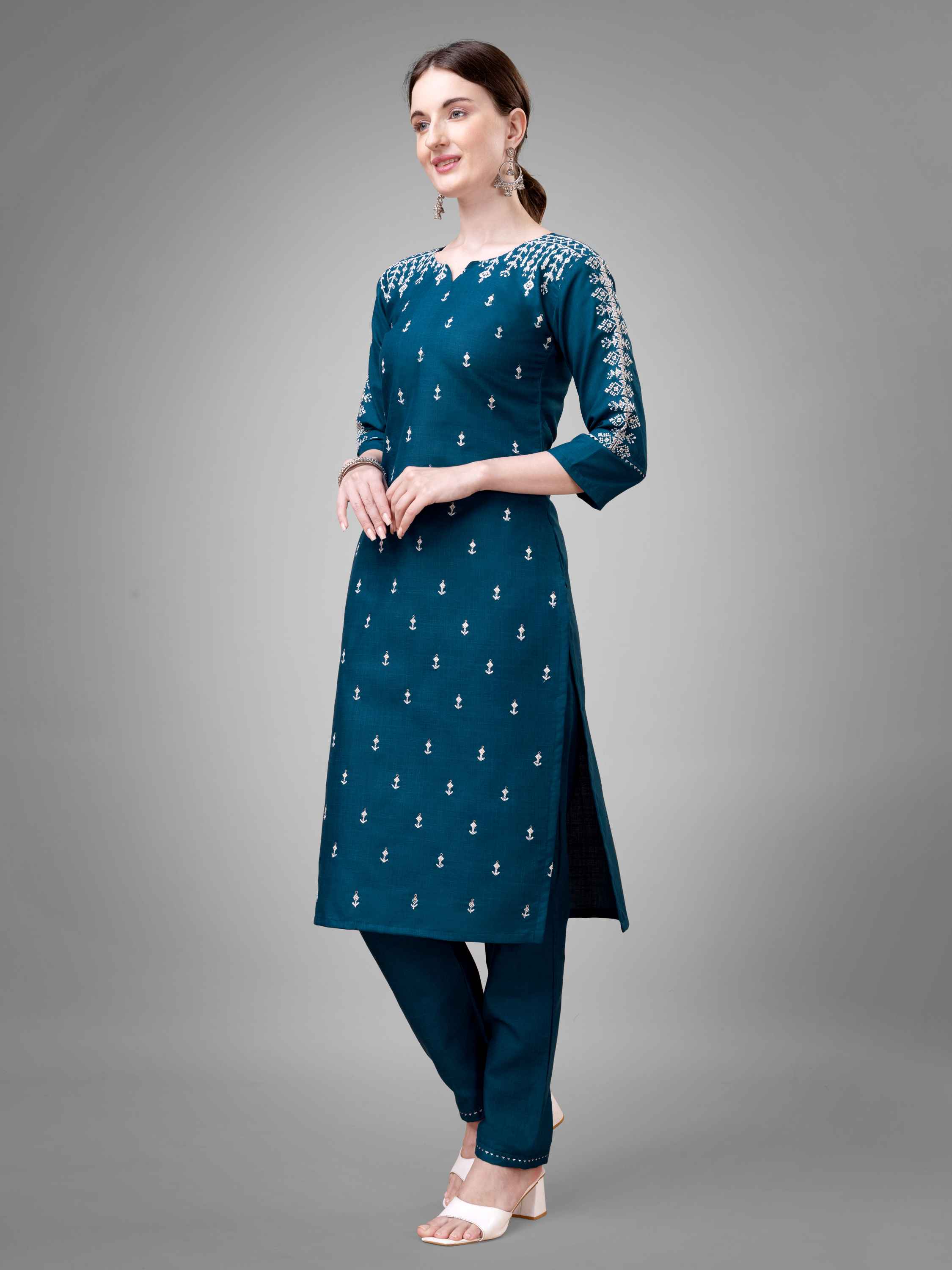 Morpich Colored Cotton Blend Embroidered Kurti With Pant