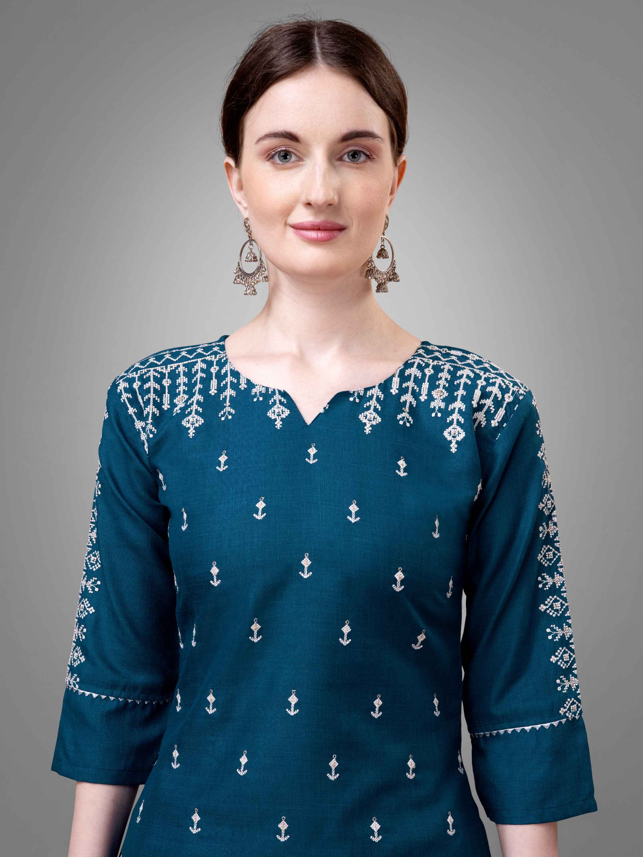 Morpich Colored Cotton Blend Embroidered Kurti With Pant