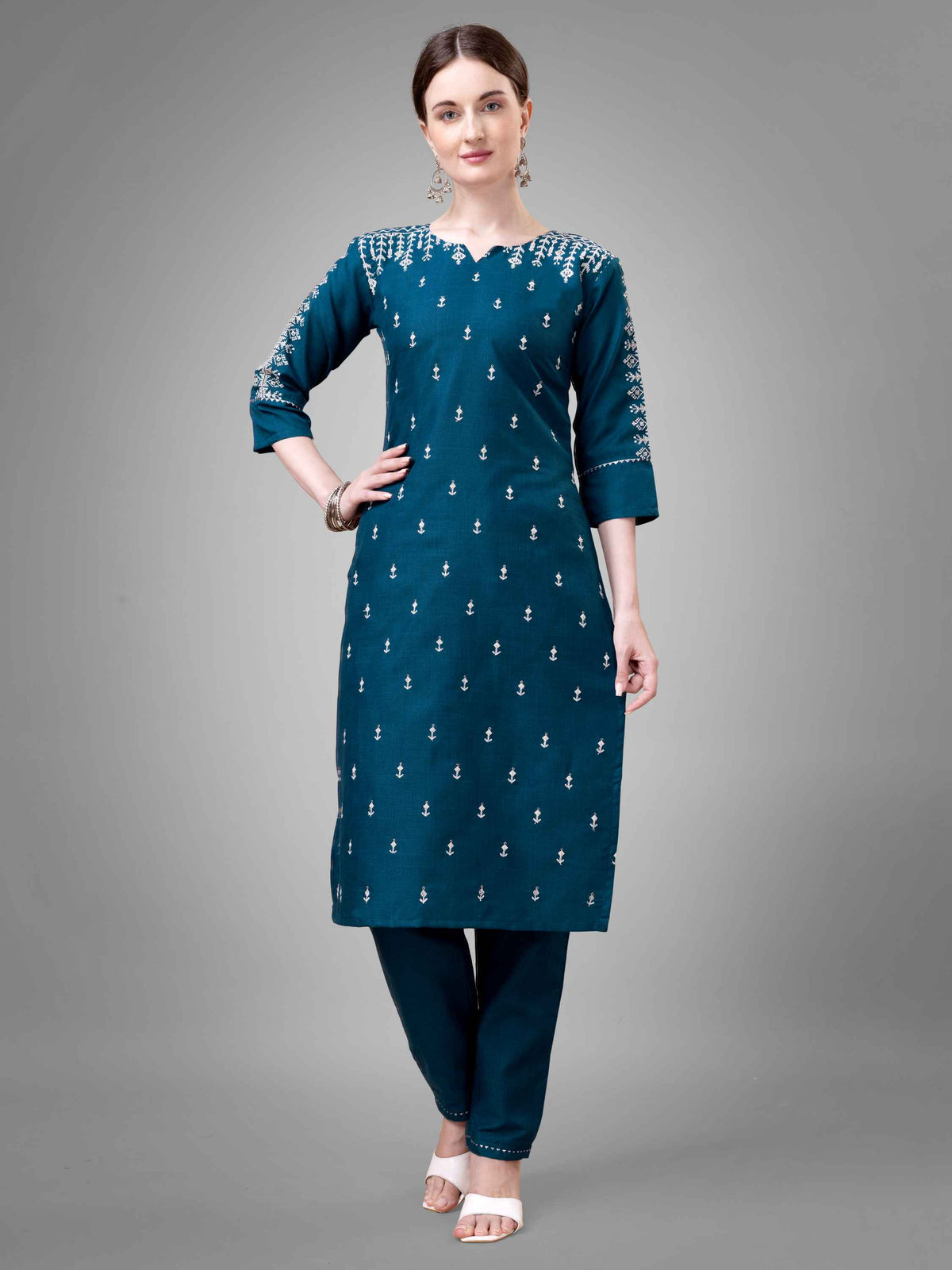 Morpich Colored Cotton Blend Embroidered Kurti With Pant