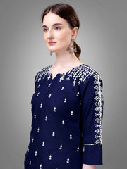 Navy Blue Colored Cotton Blend Embroidered Kurti With Pant