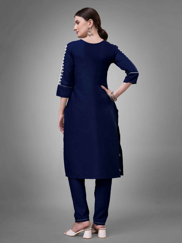 Navy Blue Colored Cotton Blend Embroidered Kurti With Pant