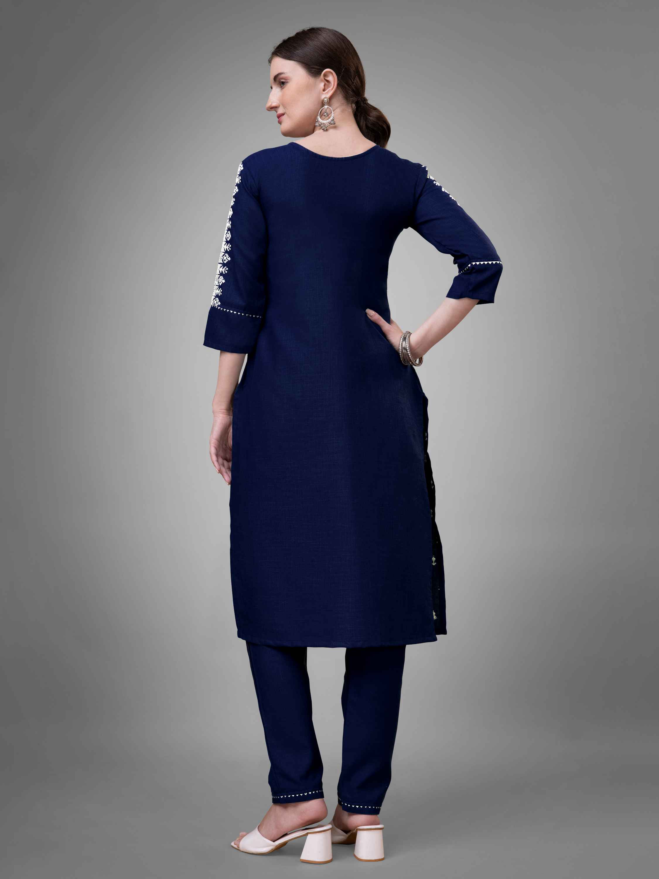 Navy Blue Cotton Blend Embroidered Kurti With Pant