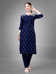 Navy Blue Colored Cotton Blend Embroidered Kurti With Pant