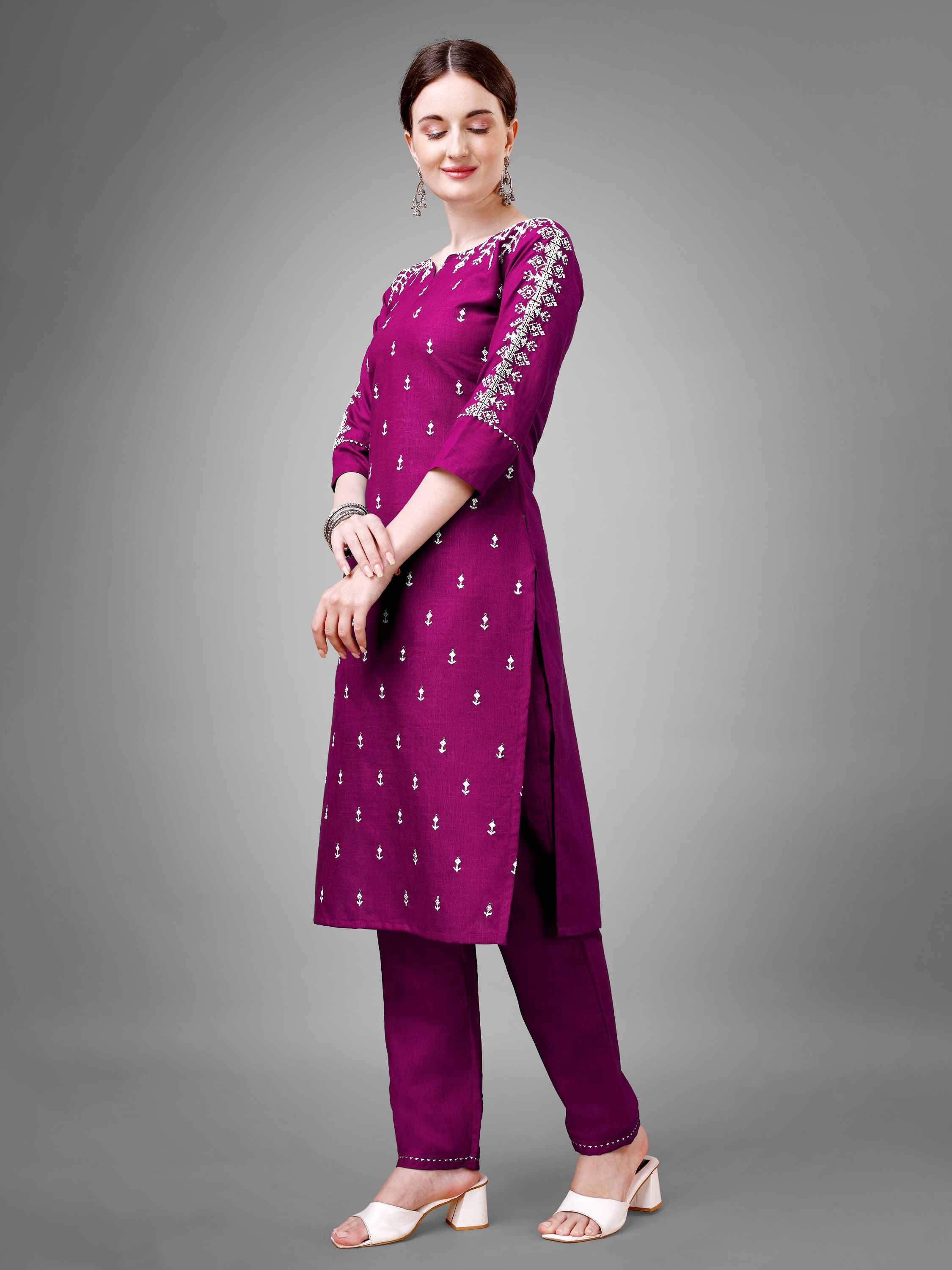 Purple Colored Cotton Blend Embroidered Kurti With Pant