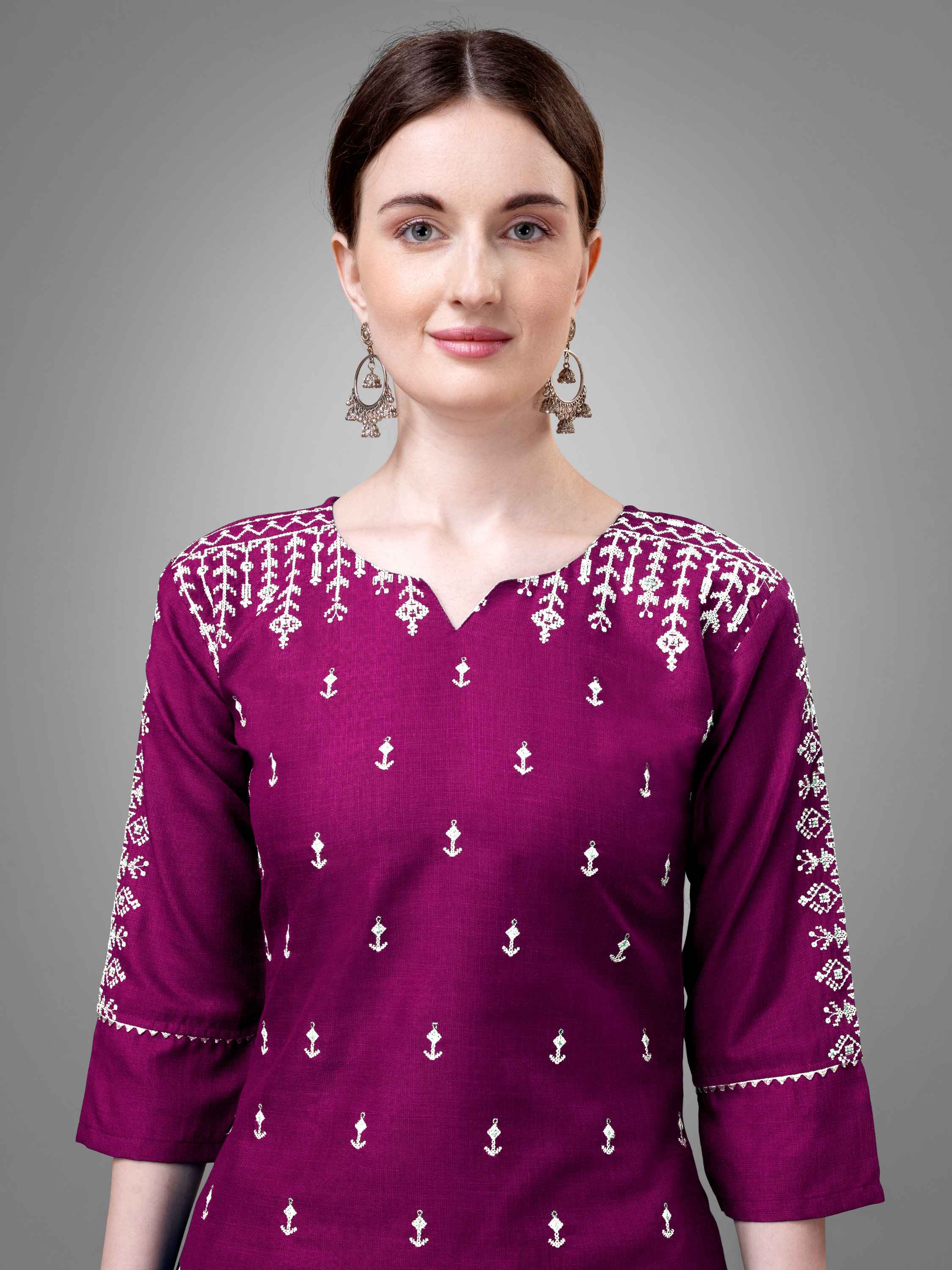 Purple Colored Cotton Blend Embroidered Kurti With Pant