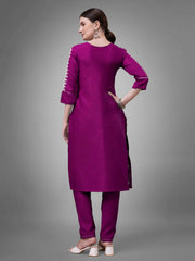 Purple Colored Cotton Blend Embroidered Kurti With Pant