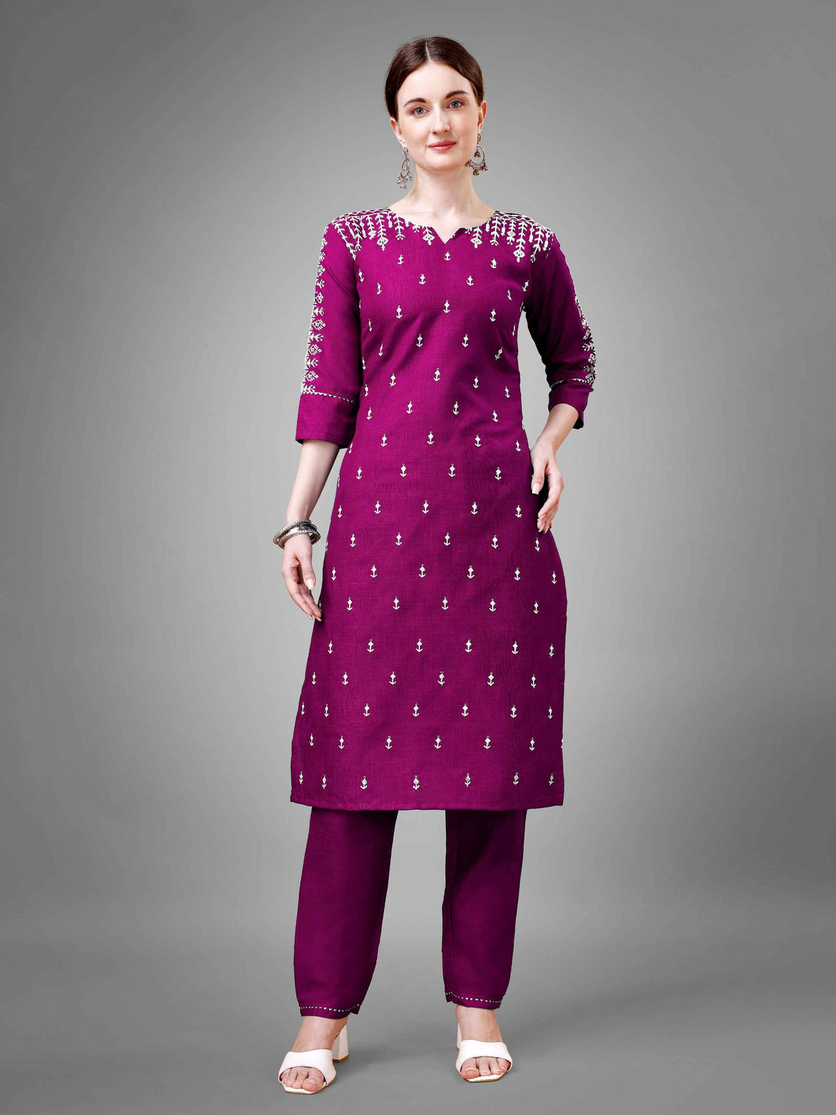 Purple Colored Cotton Blend Embroidered Kurti With Pant