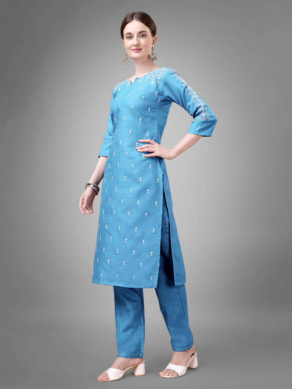 Sky Blue Colored Cotton Blend Embroidered Kurti With Pant