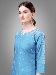 Sky Blue Colored Cotton Blend Embroidered Kurti With Pant