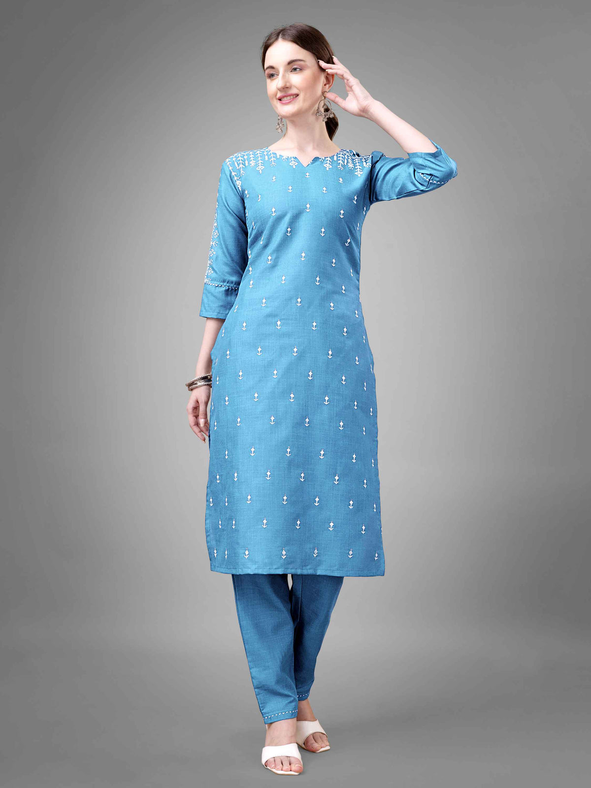 Sky Blue Colored Cotton Blend Embroidered Kurti With Pant