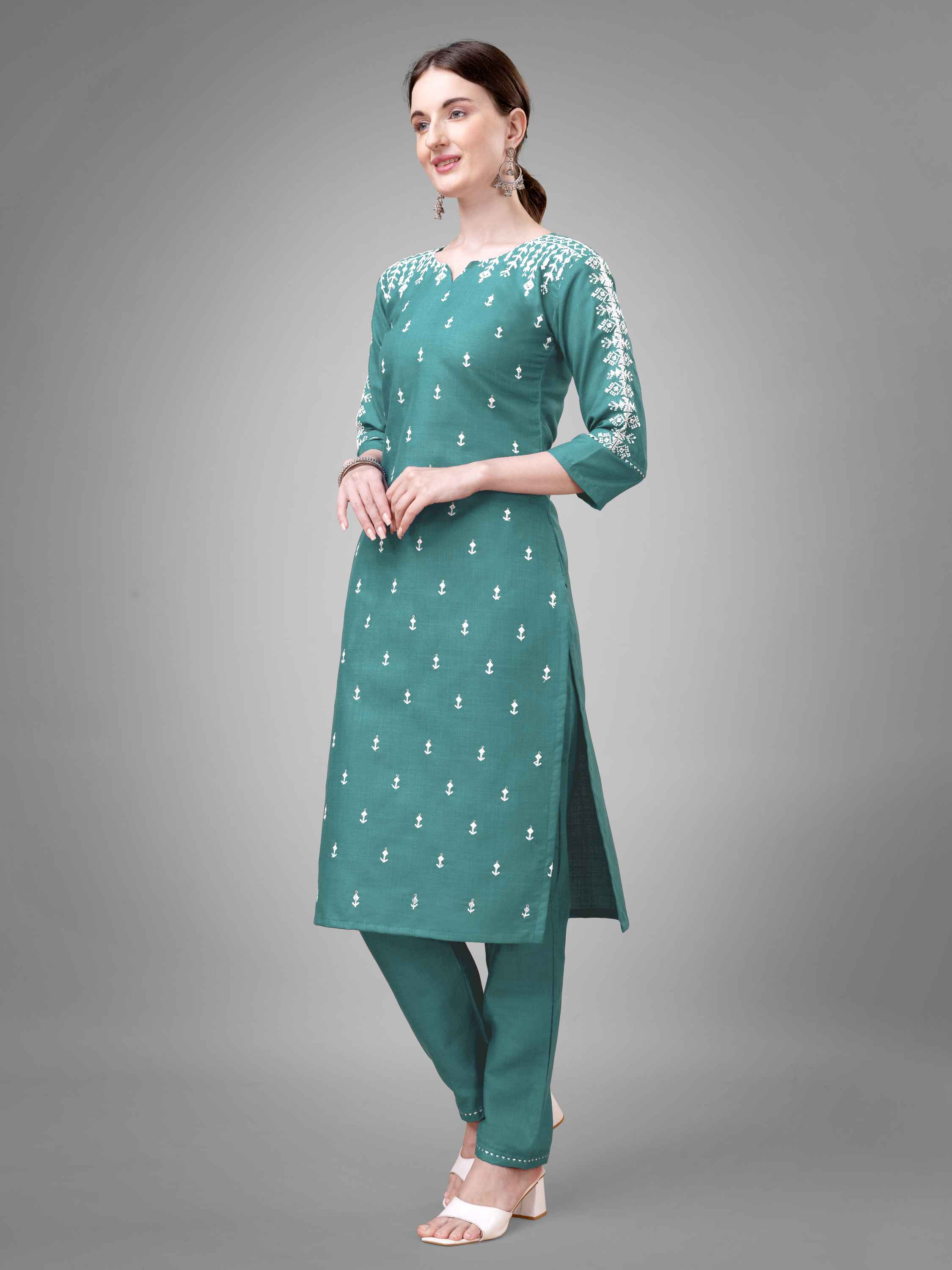 Teal Colored Cotton Blend Embroidered Kurti With Pant