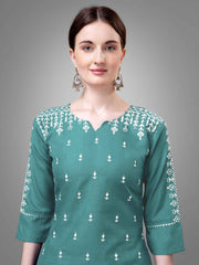 Teal Colored Cotton Blend Embroidered Kurti With Pant